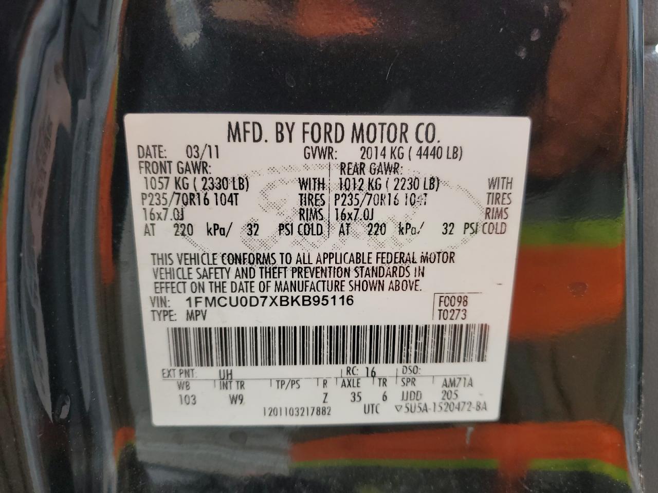 2011 Ford Escape VIN 1FMCU0D7XBKB95116 Copart auction photo, front end damage thumbnail 12