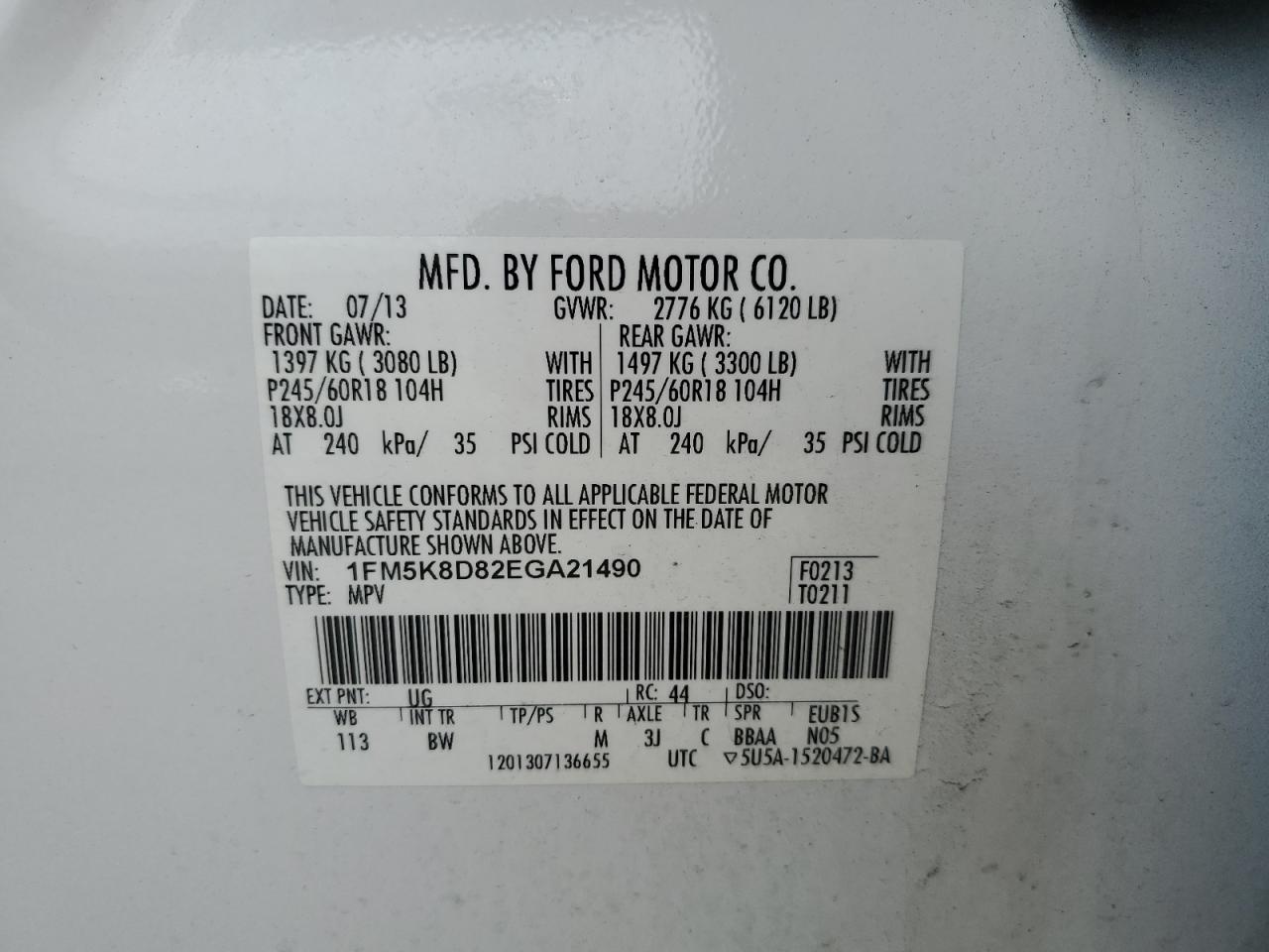 2014 Ford Explorer VIN 1FM5K8D82EGA21490 Copart auction photo, minor dent/scratches damage thumbnail 13