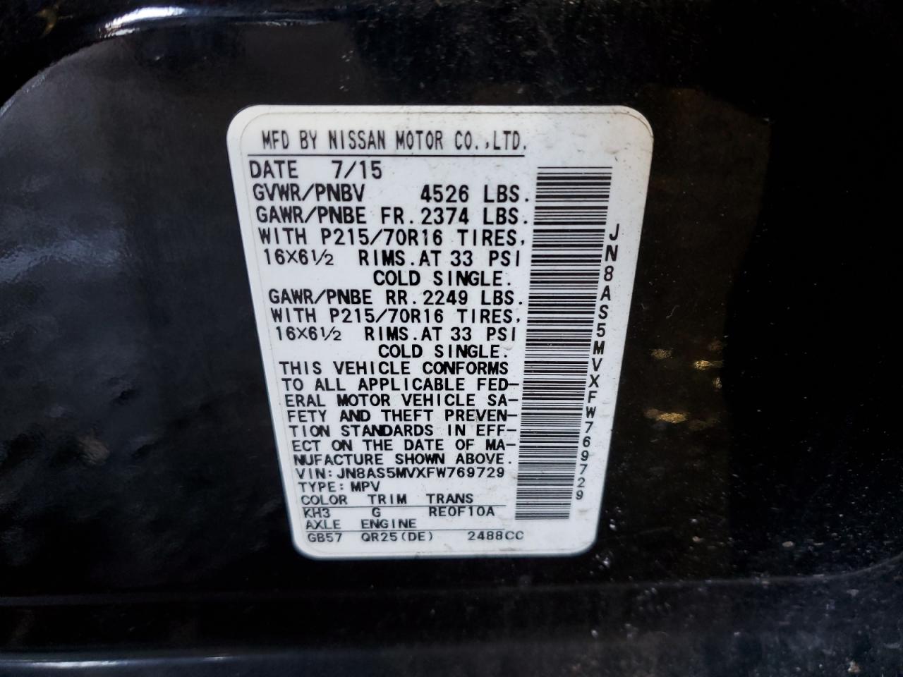 2015 Nissan Rogue VIN JN8AS5MVXFW769729 Copart auction photo, vandalism / minor dent/scratches damage thumbnail 13