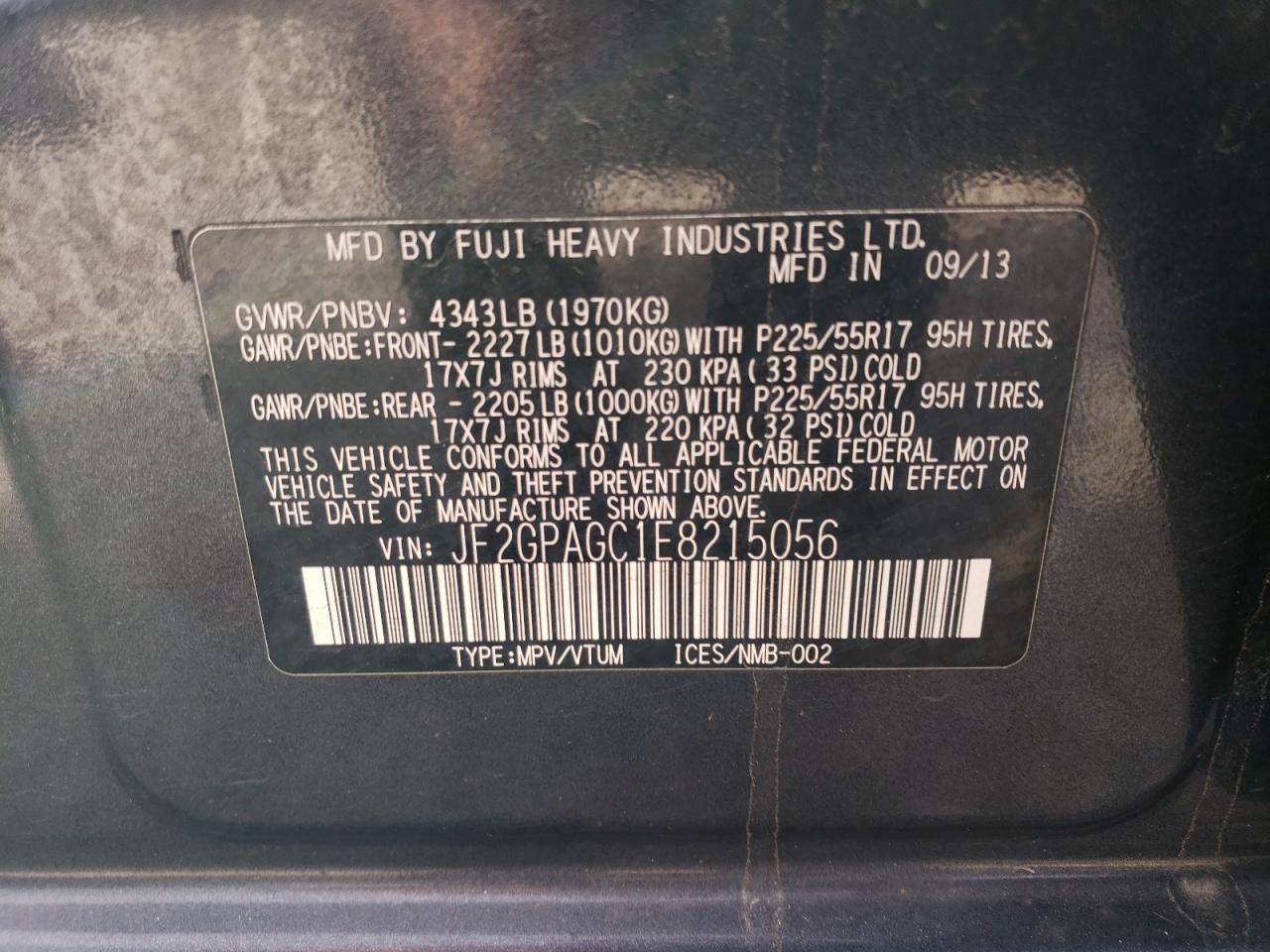 2014 Subaru XV VIN JF2GPAGC1E8215056 Copart auction photo, minor dent/scratches damage thumbnail 13