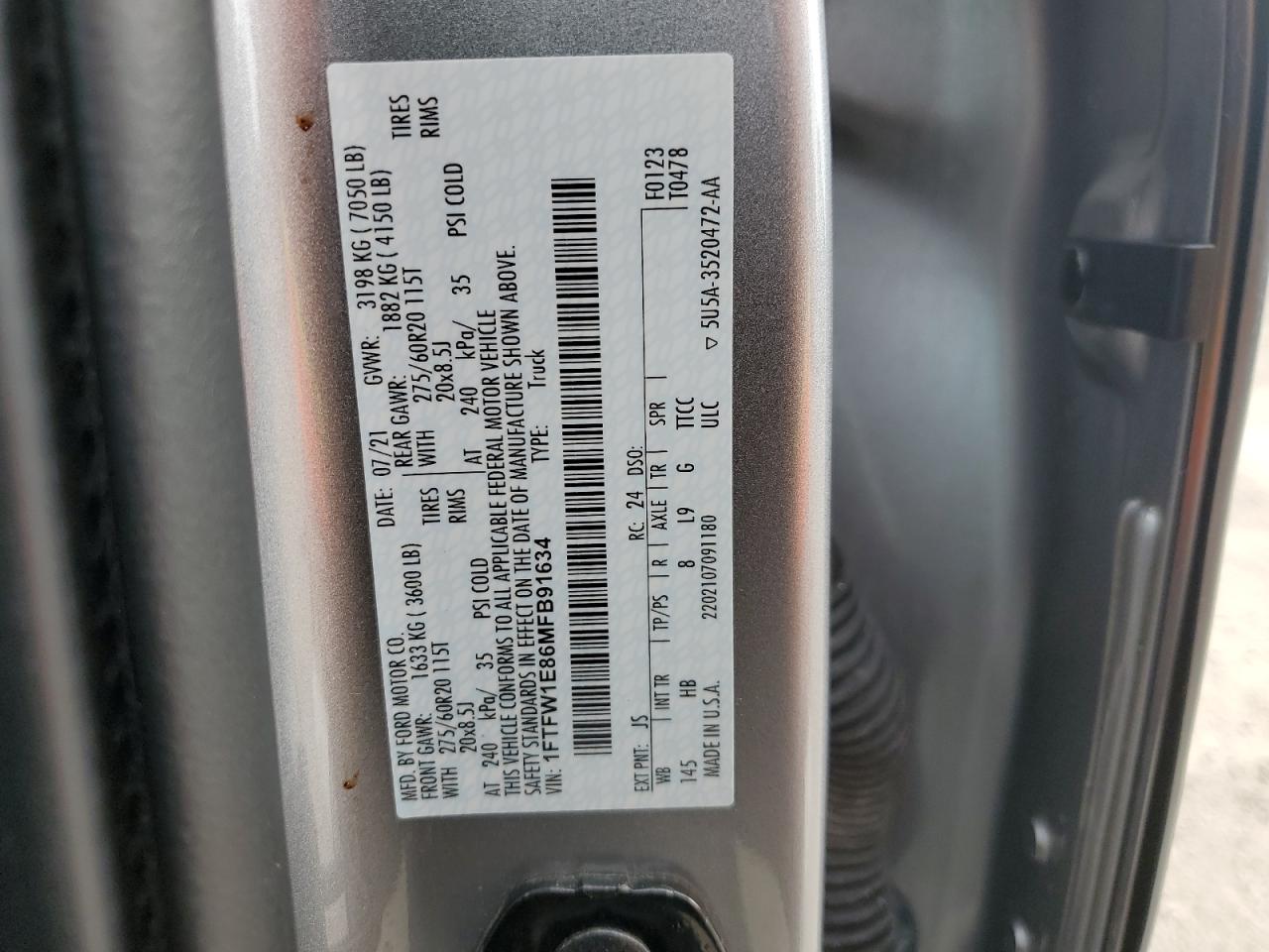 2021 Ford F-150 VIN 1FTFW1E86MFB91634 Copart auction photo, water/flood damage thumbnail 13