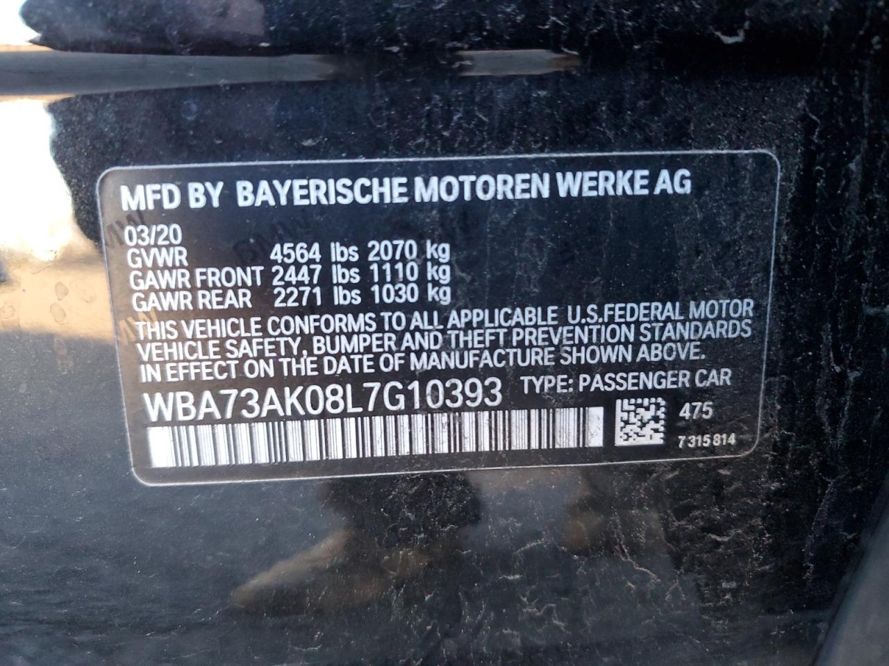 2020 BMW 2er VIN WBA73AK08L7G10393 Copart auction photo, front end damage thumbnail 12