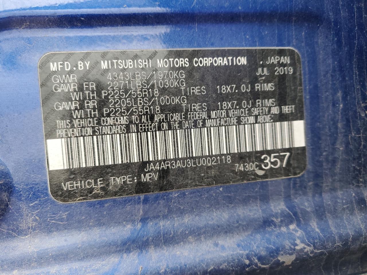 2020 Mitsubishi Outlander VIN JA4AR3AU3LU002118 Copart auction photo, all over damage thumbnail 12