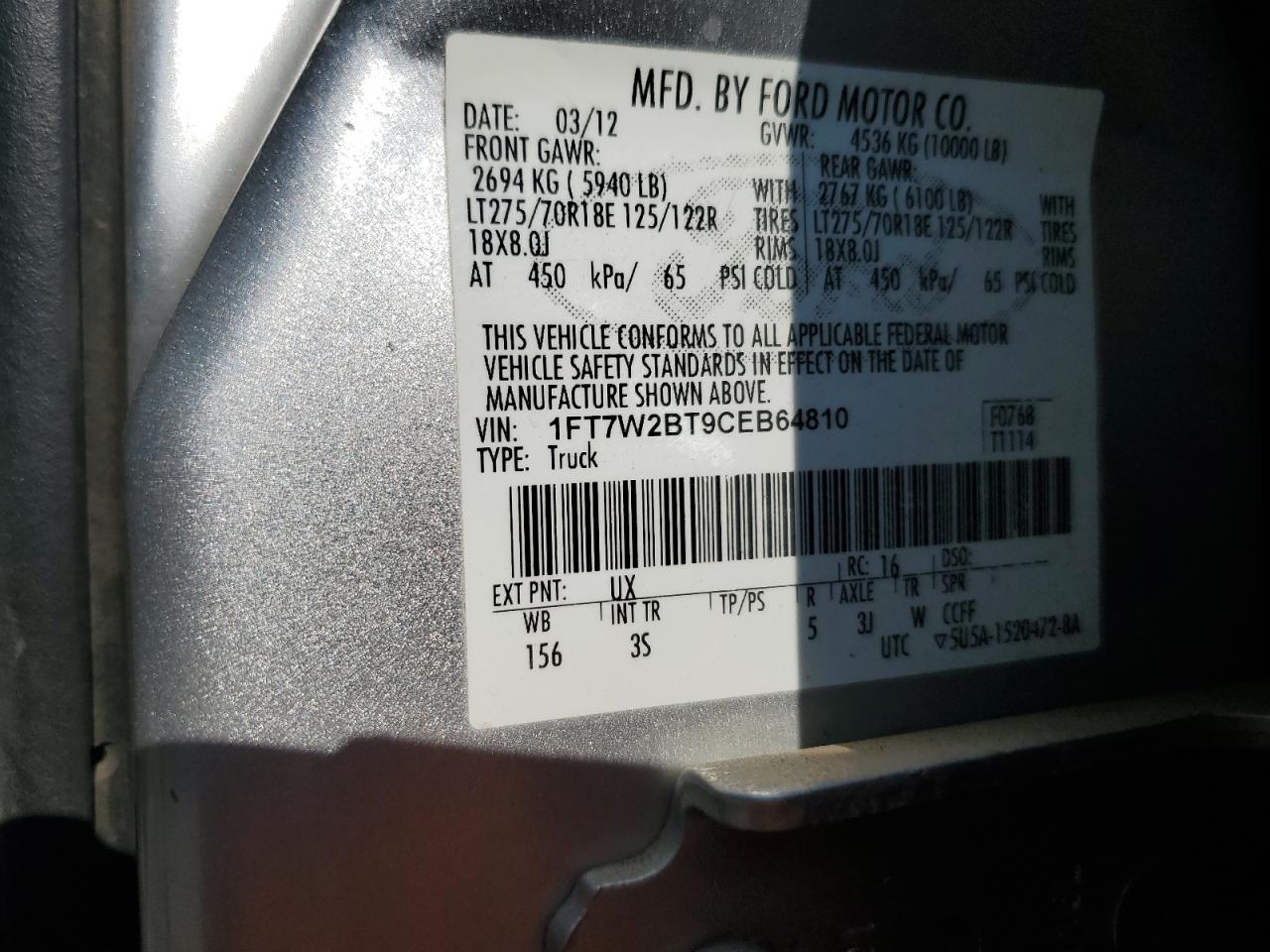 2012 Ford F250 VIN 1FT7W2BT9CEB64810 Copart auction photo, front end / rear end damage thumbnail 16