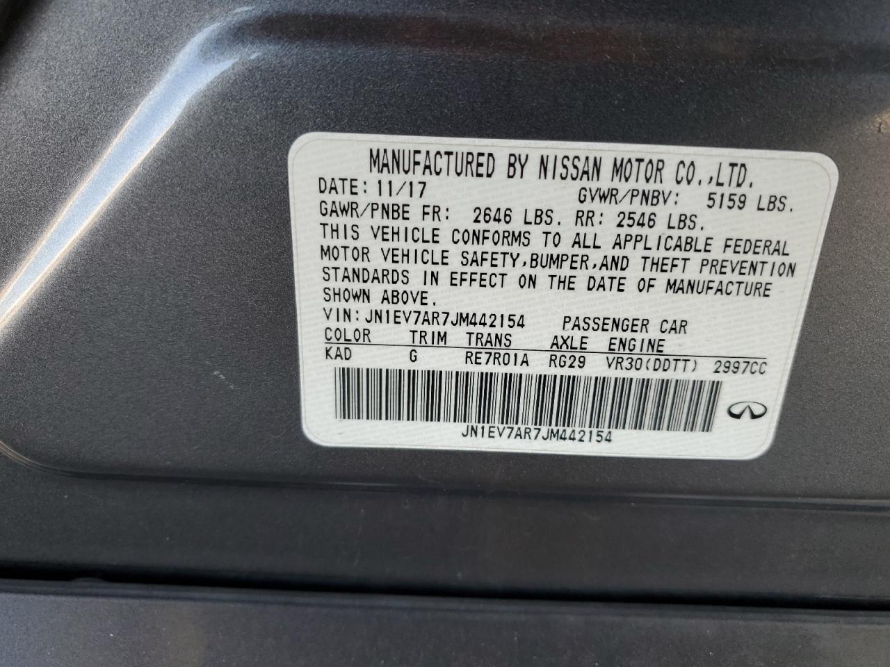 2018 Infiniti Q50 VIN JN1EV7AR7JM442154 Copart auction photo, vandalism / stripped damage thumbnail 15