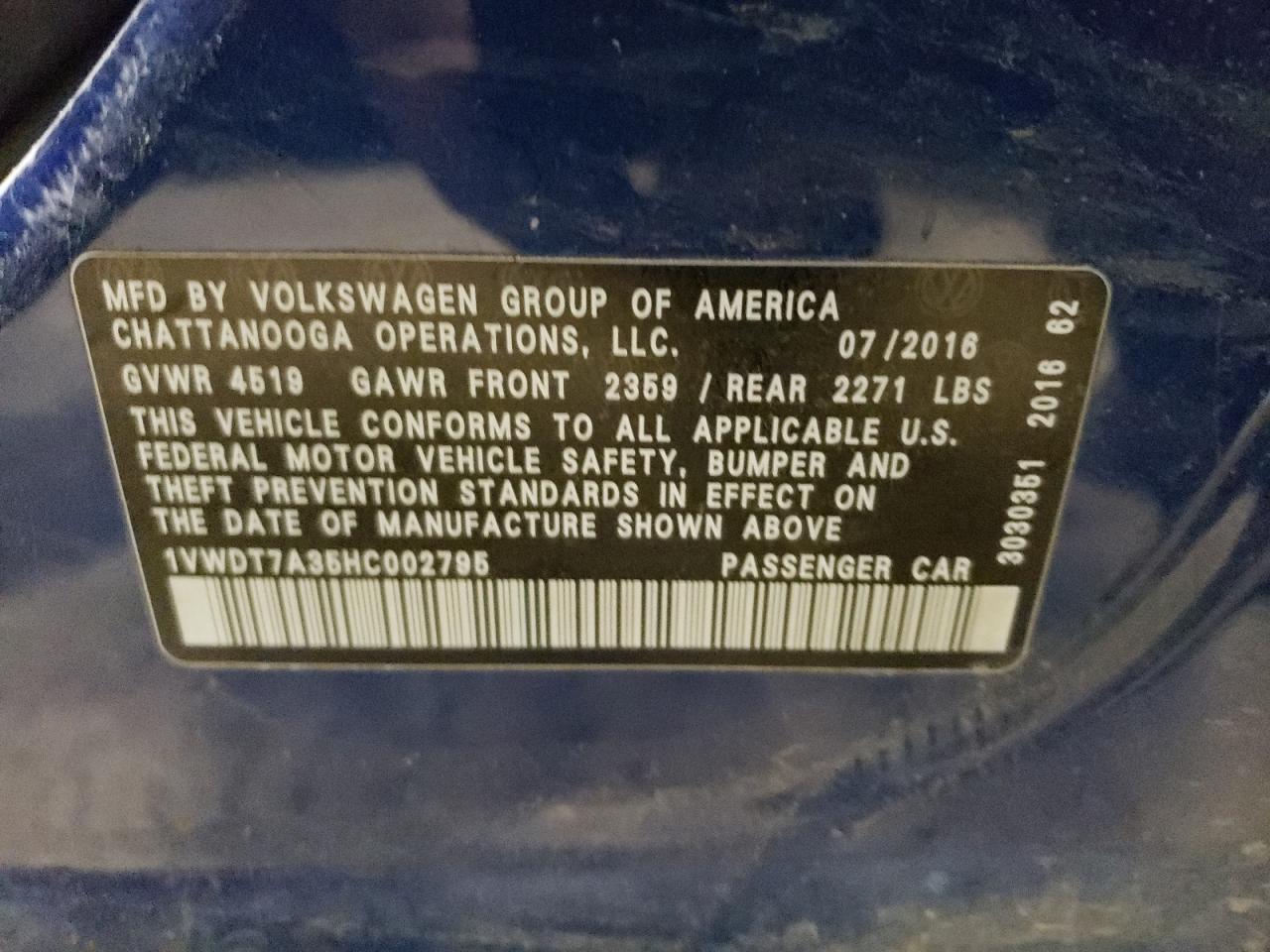 2017 Volkswagen Passat VIN 1VWDT7A35HC002795 Copart auction photo, water/flood damage thumbnail 12