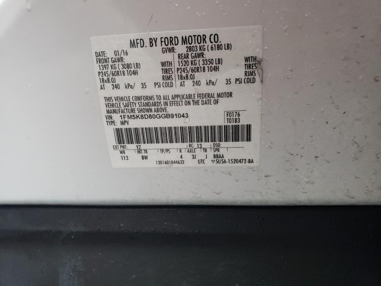 2016 Ford Explorer VIN 1FM5K8D80GGB91043 Copart auction photo, side damage thumbnail 13