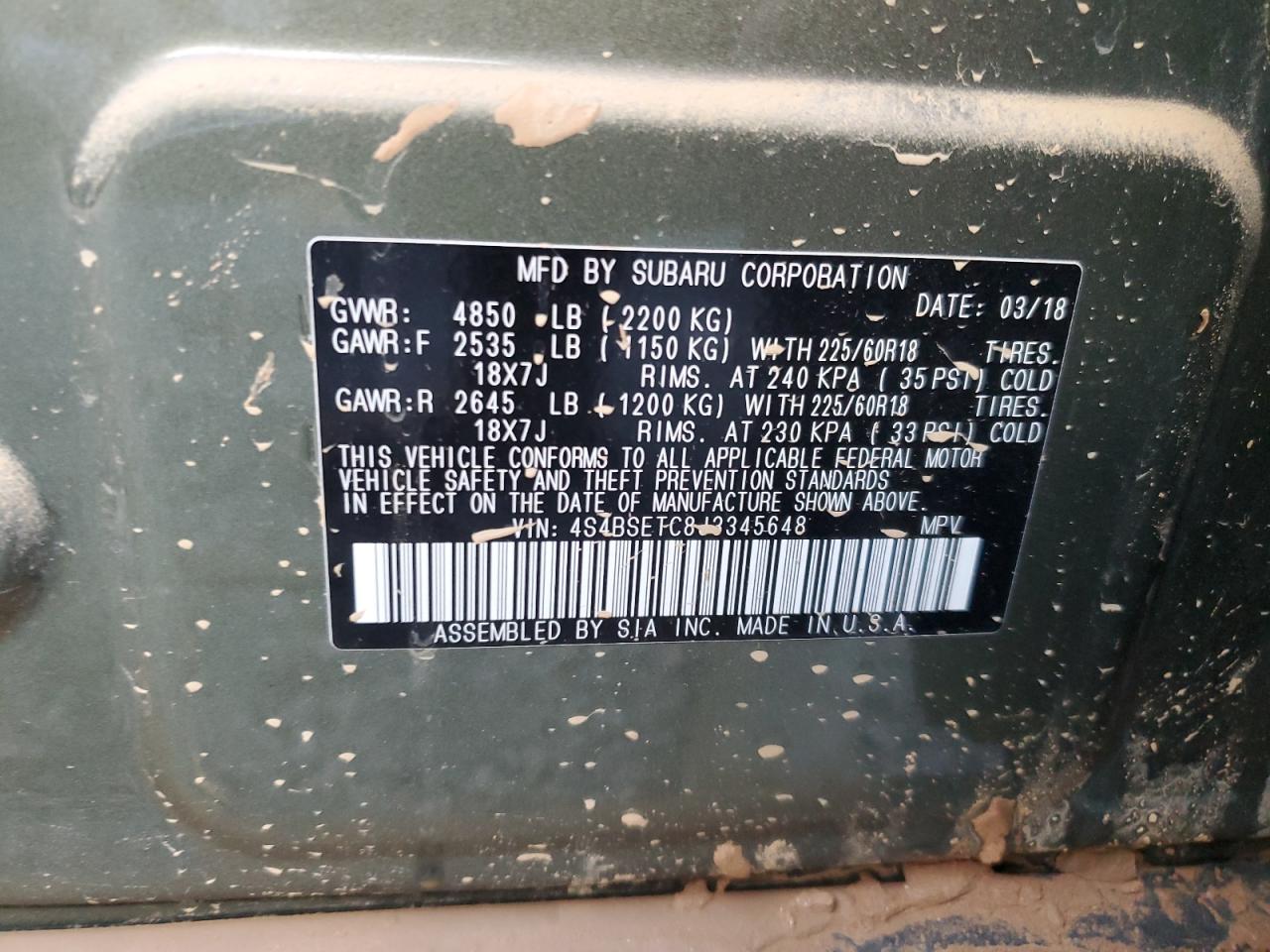 2018 Subaru Outback VIN 4S4BSETC8J3345648 Copart auction photo, water/flood damage thumbnail 13