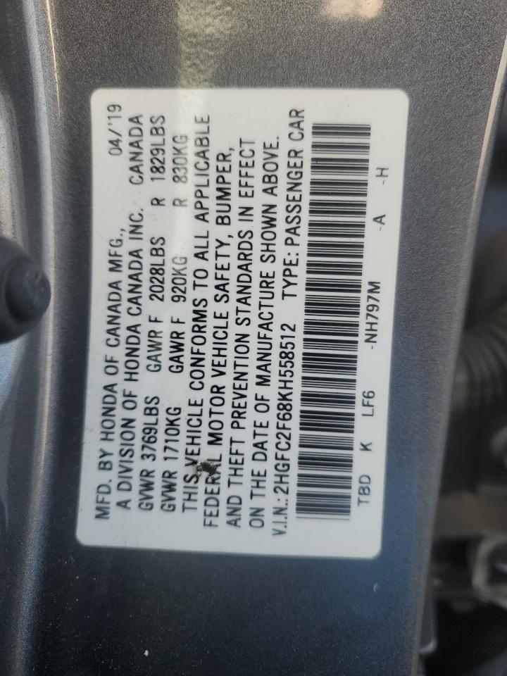2019 Honda Civic VIN 2HGFC2F68KH558512 Copart auction photo, front end damage thumbnail 15