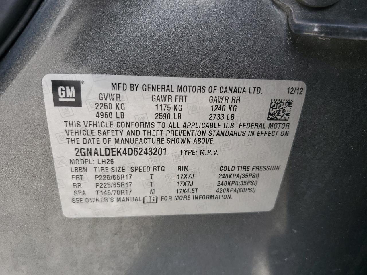 2013 Chevrolet Equinox VIN 2GNALDEK4D6243201 Copart auction photo, front end / rear end damage thumbnail 15
