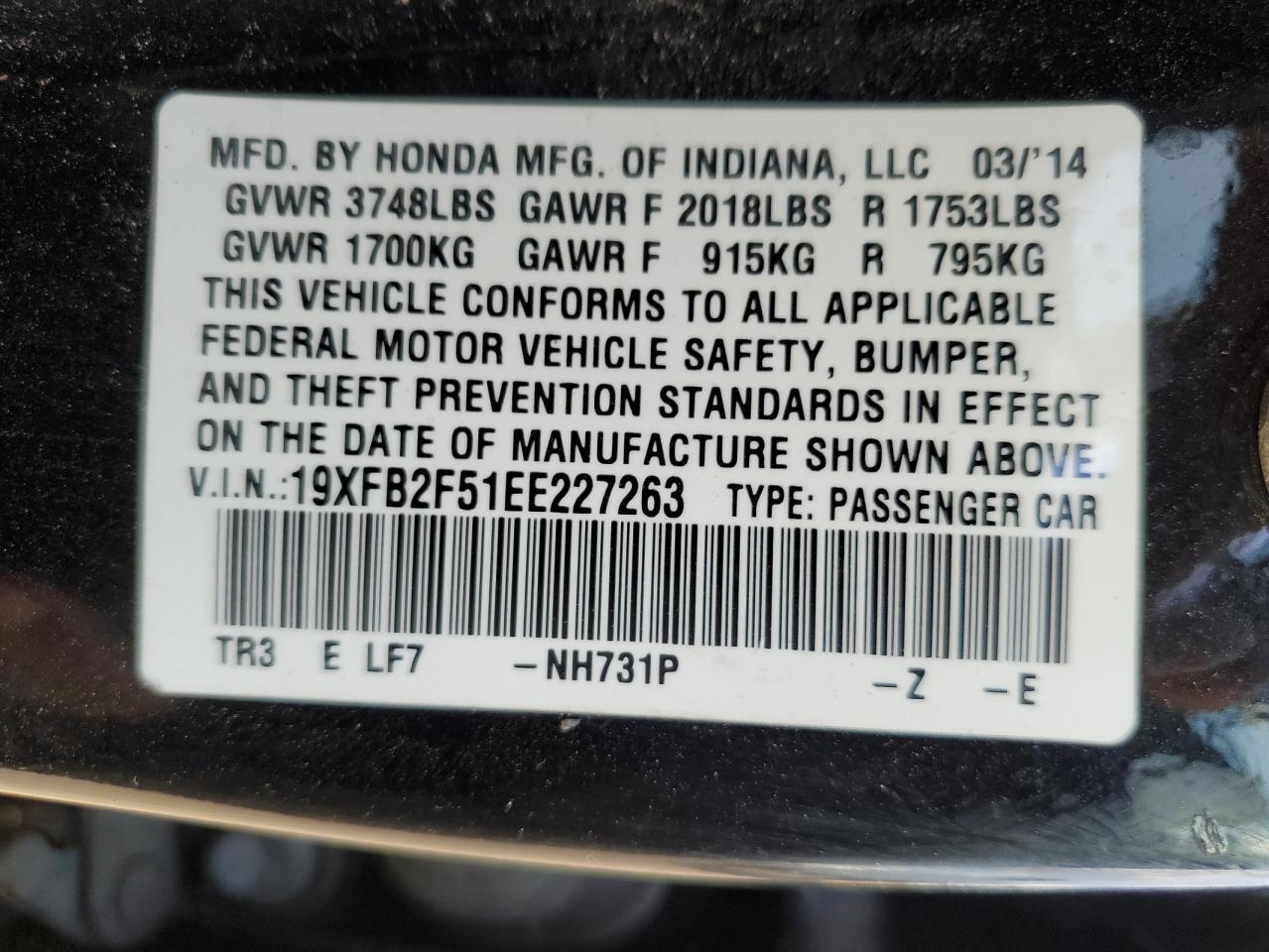 2014 Honda Civic VIN 19XFB2F51EE227263 Copart auction photo, front end damage thumbnail 12
