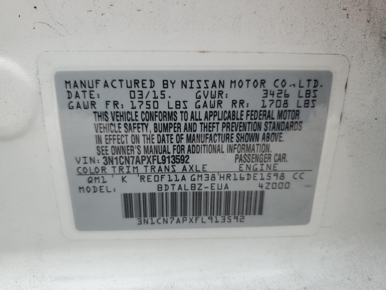 2015 Nissan Versa VIN 3N1CN7APXFL913592 Copart auction photo, rear end / front end damage thumbnail 13