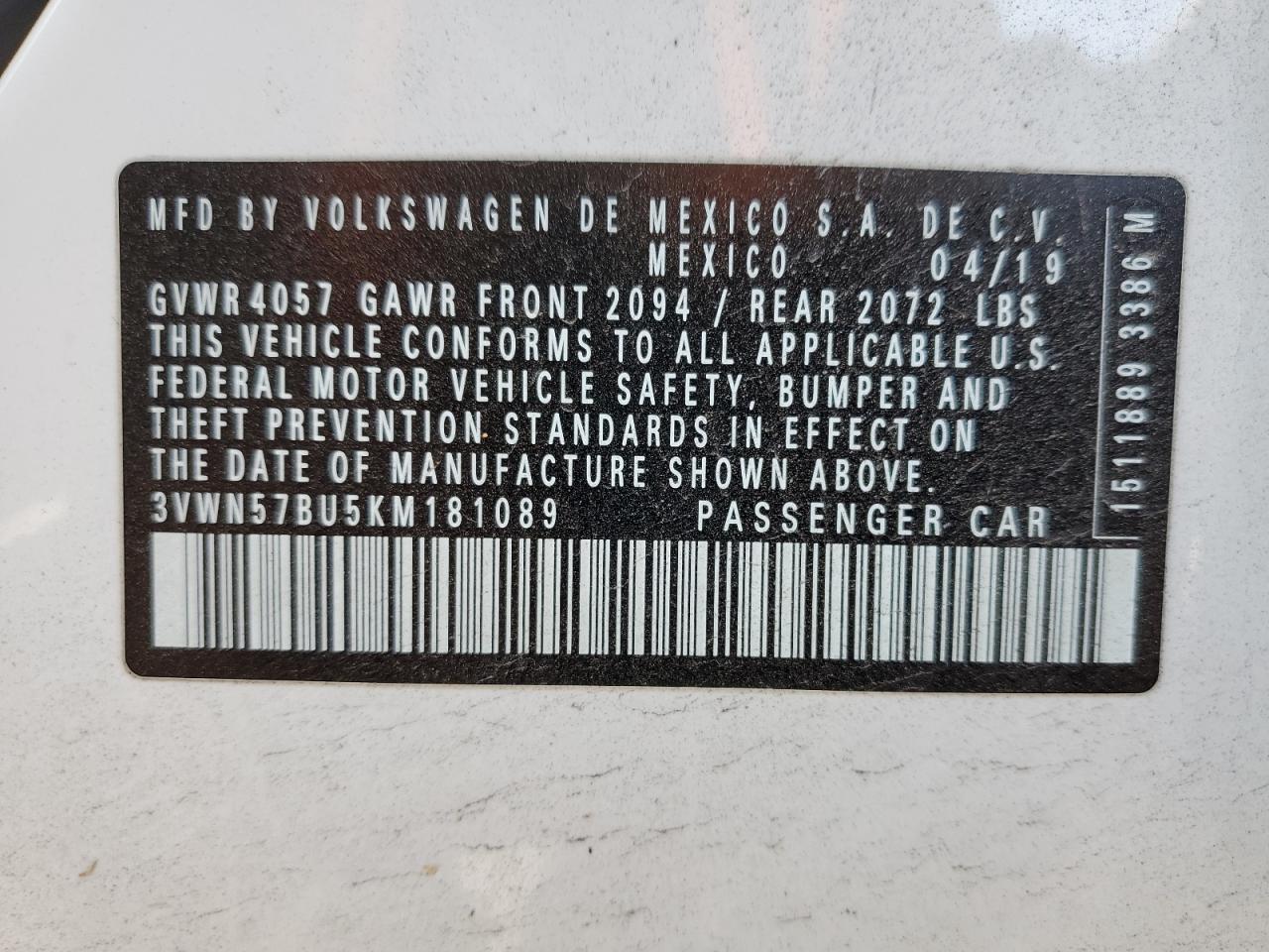 2019 Volkswagen Jetta VIN 3VWN57BU5KM181089 Copart auction photo, front end damage thumbnail 12