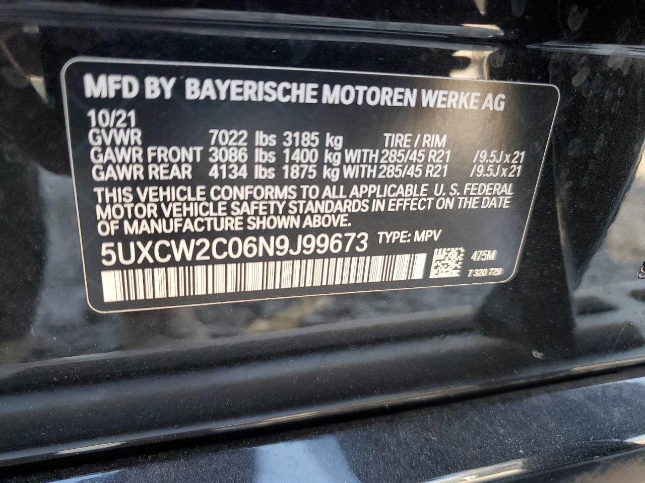 2022 BMW X7 VIN 5UXCW2C06N9J99673 Copart auction photo, front end / mechanical damage thumbnail 15