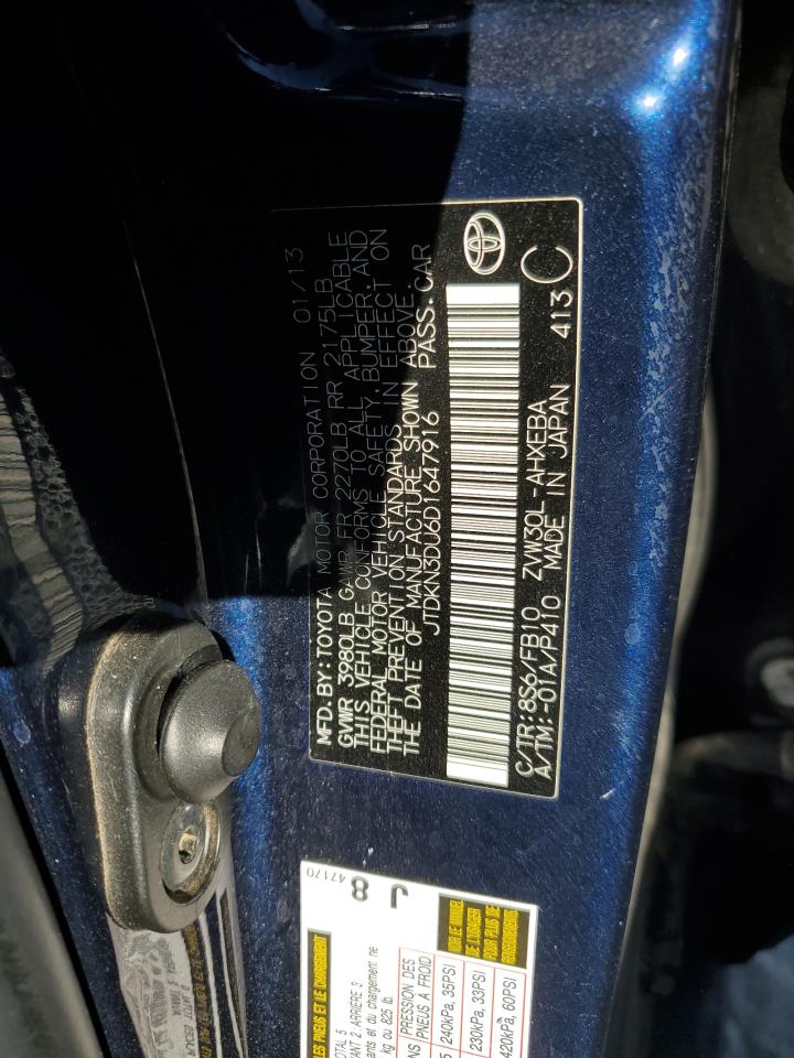 2013 Toyota Prius VIN JTDKN3DU6D1647916 Copart auction photo, rear end damage thumbnail 12