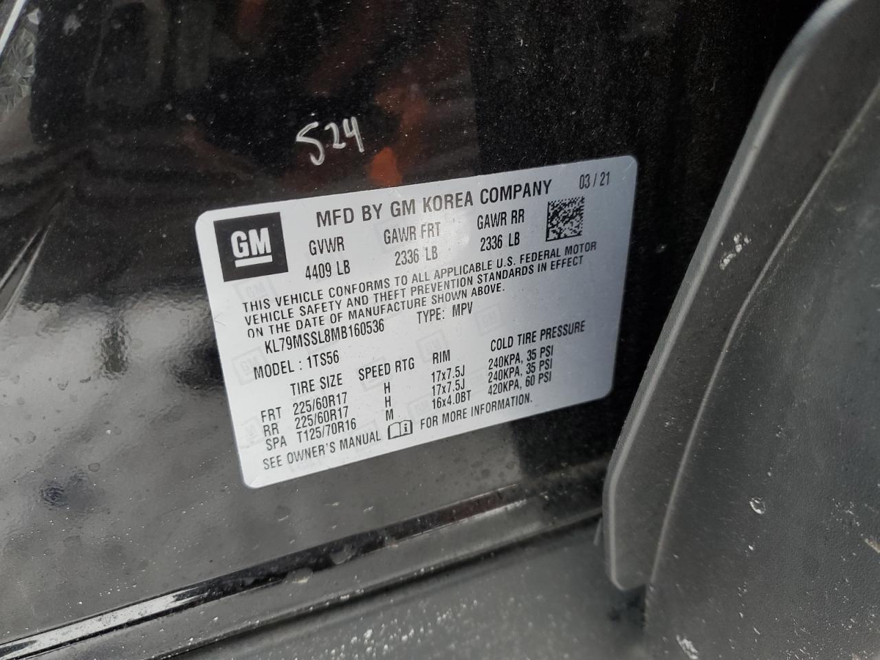 2021 Chevrolet TrailBlazer VIN KL79MSSL8MB160536 Copart auction photo, all over / mechanical damage thumbnail 10