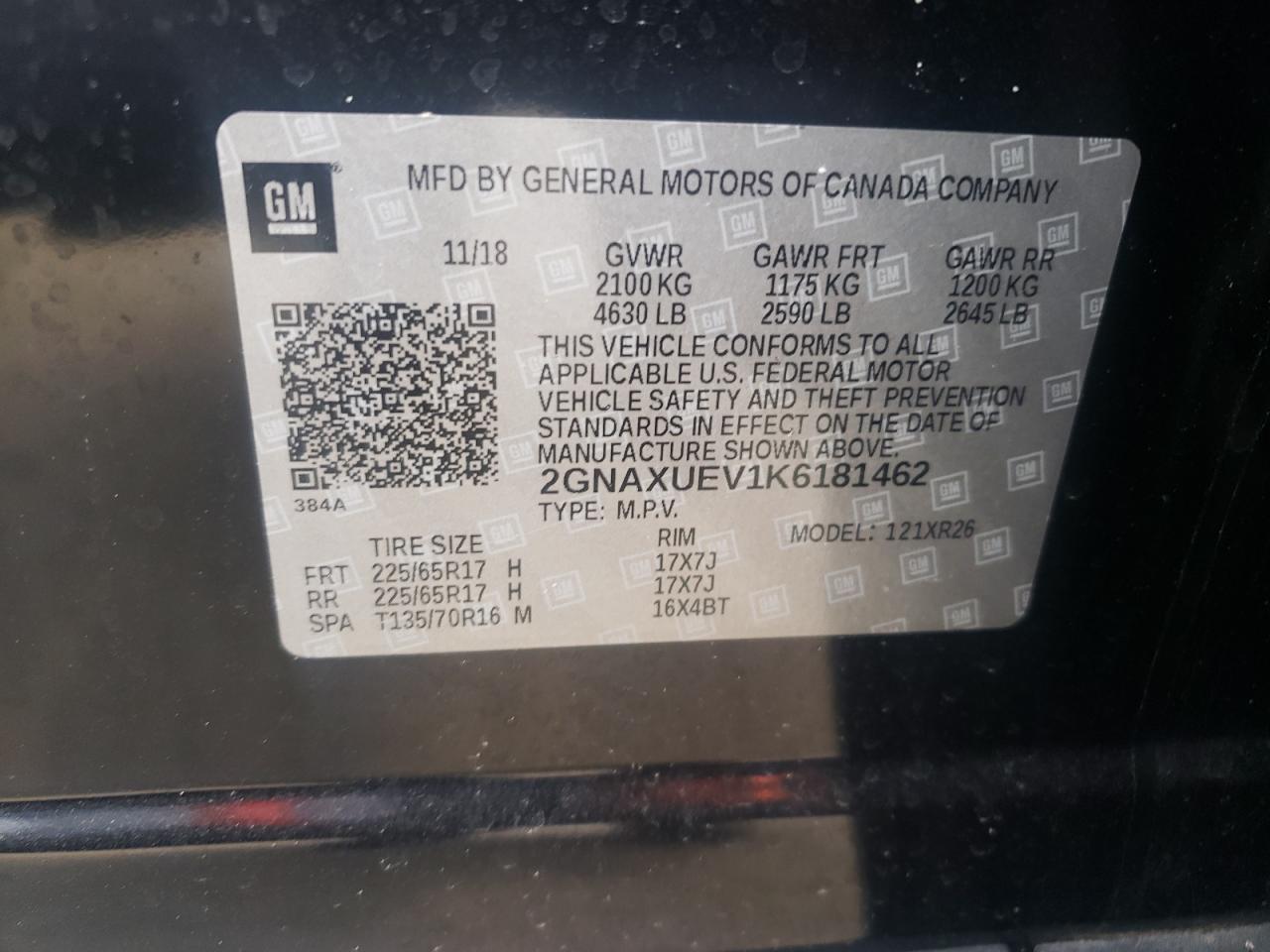 2019 Chevrolet Equinox VIN 2GNAXUEV1K6181462 Copart auction photo, side / rear end damage thumbnail 13