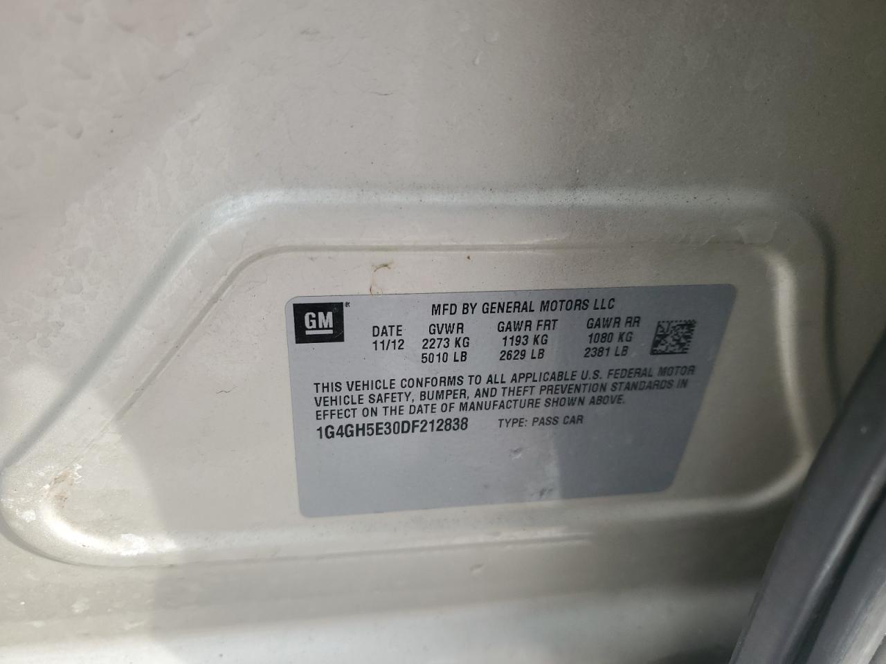 2013 Buick LaCrosse VIN 1G4GH5E30DF212838 Copart auction photo, front end / side damage thumbnail 12