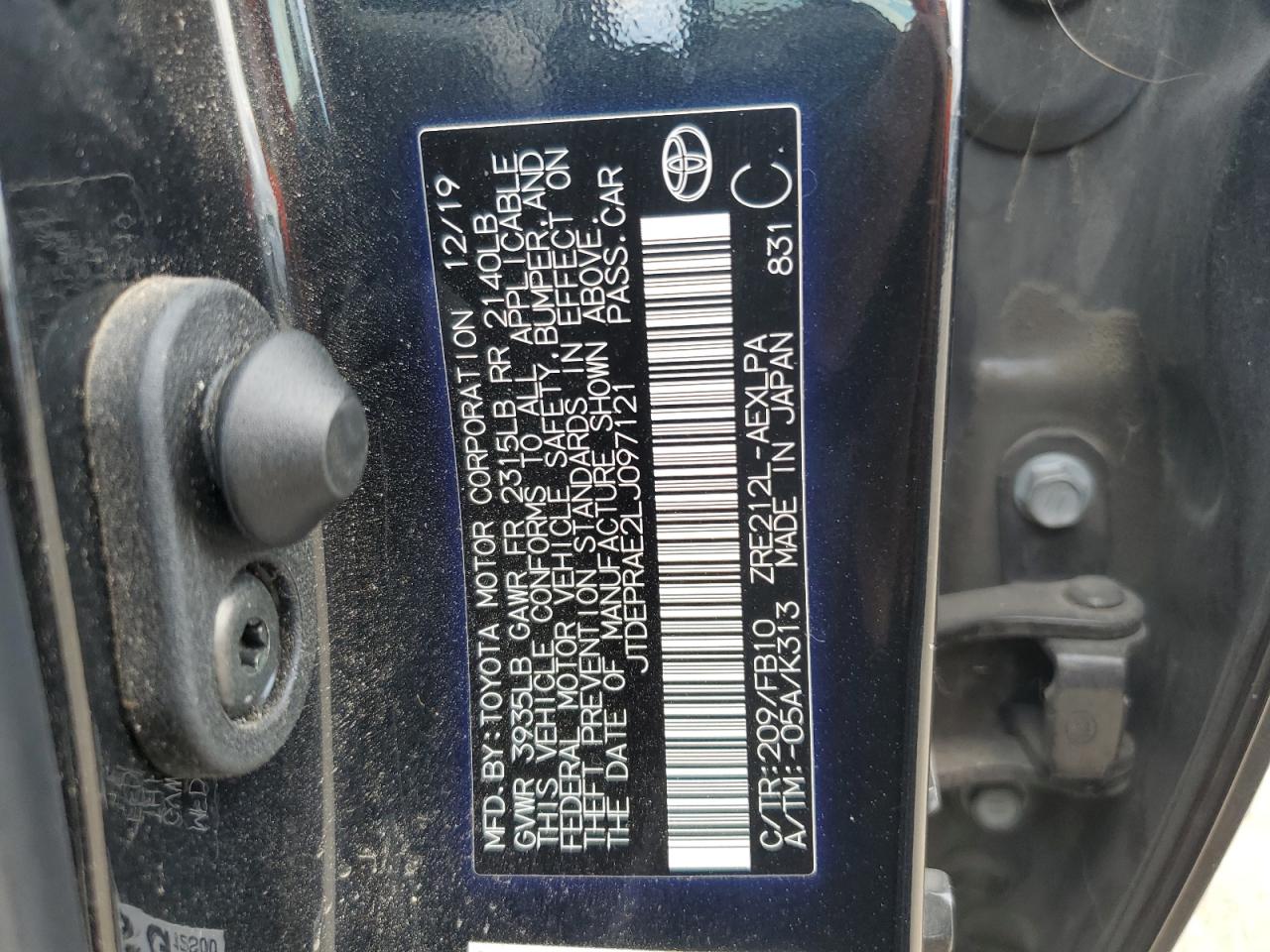 2020 Toyota Corolla VIN JTDEPRAE2LJ097121 Copart auction photo, hail damage thumbnail 12