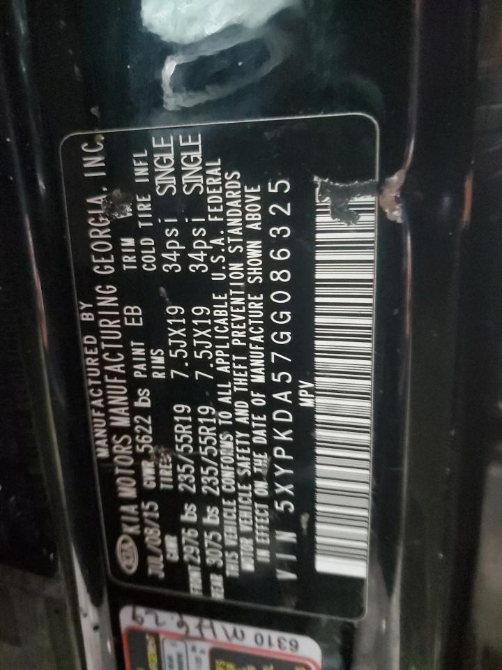 2016 KIA Sorento VIN 5XYPKDA57GG086325 Copart auction photo, all over / top/roof damage thumbnail 14