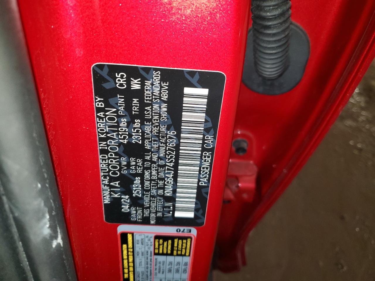 2025 KIA K5 VIN KNAG64J74S5276376 Copart auction photo, front end / minor dent/scratches damage thumbnail 14