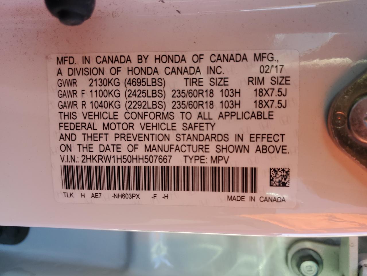 2017 Honda CR-V VIN 2HKRW1H50HH507667 Copart auction photo, front end damage thumbnail 13