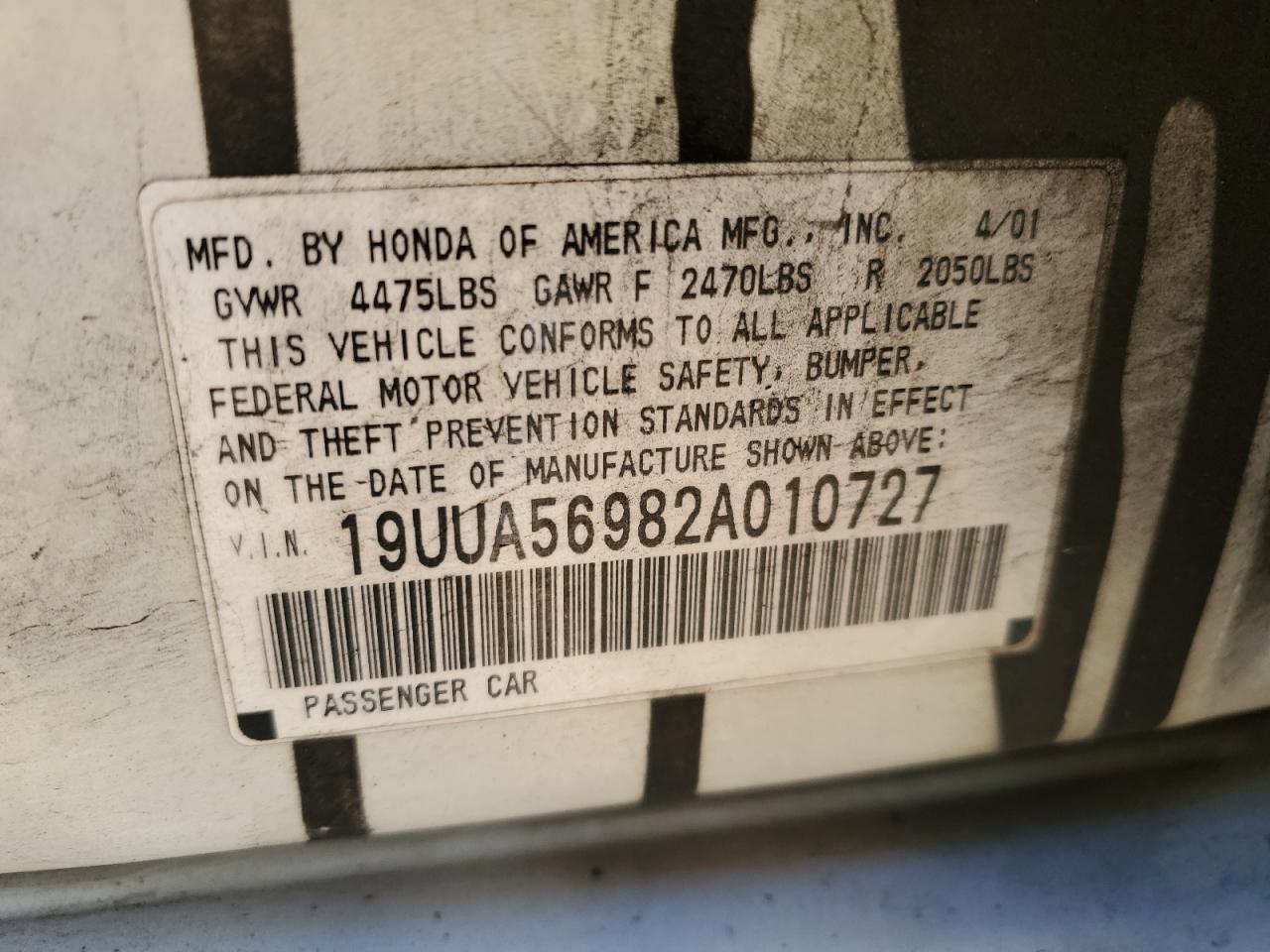 2002 Acura TL VIN 19UUA56982A010727 Copart auction photo, rear end damage thumbnail 12