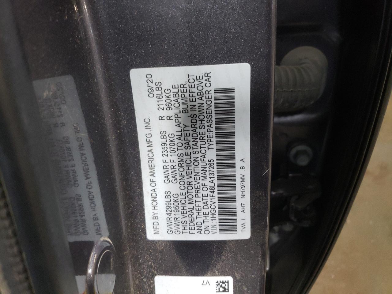 2020 Honda Accord VIN 1HGCV1F48LA137265 Copart auction photo, all over damage thumbnail 13