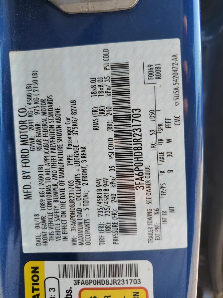 2018 Ford Fusion VIN 3FA6P0HD8JR231703 Copart auction photo, hail / minor dent/scratches damage thumbnail 12