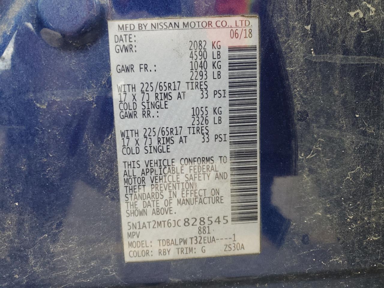 2018 Nissan Rogue VIN 5N1AT2MT6JC828545 Copart auction photo, rear end / side damage thumbnail 14