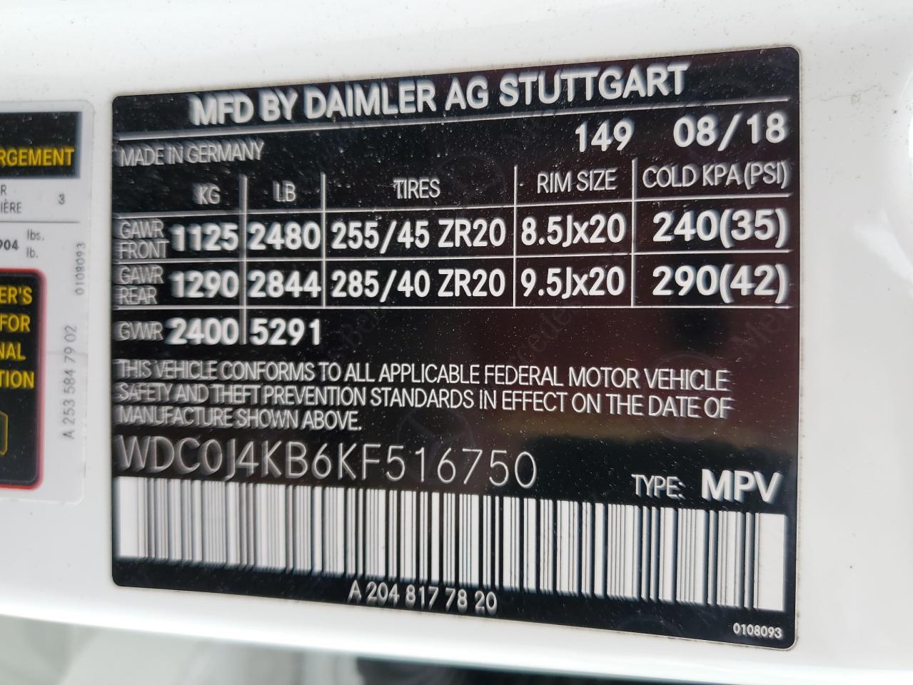 2019 Mercedes-Benz GLC VIN WDC0J4KB6KF516750 Copart auction photo, front end / side damage thumbnail 13
