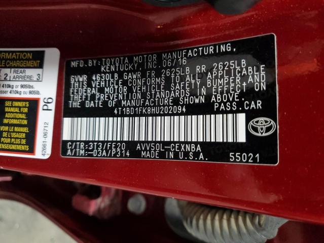 2017 Toyota Camry VIN 4T1BD1FK8HU202094 Copart auction photo, front end damage thumbnail 12