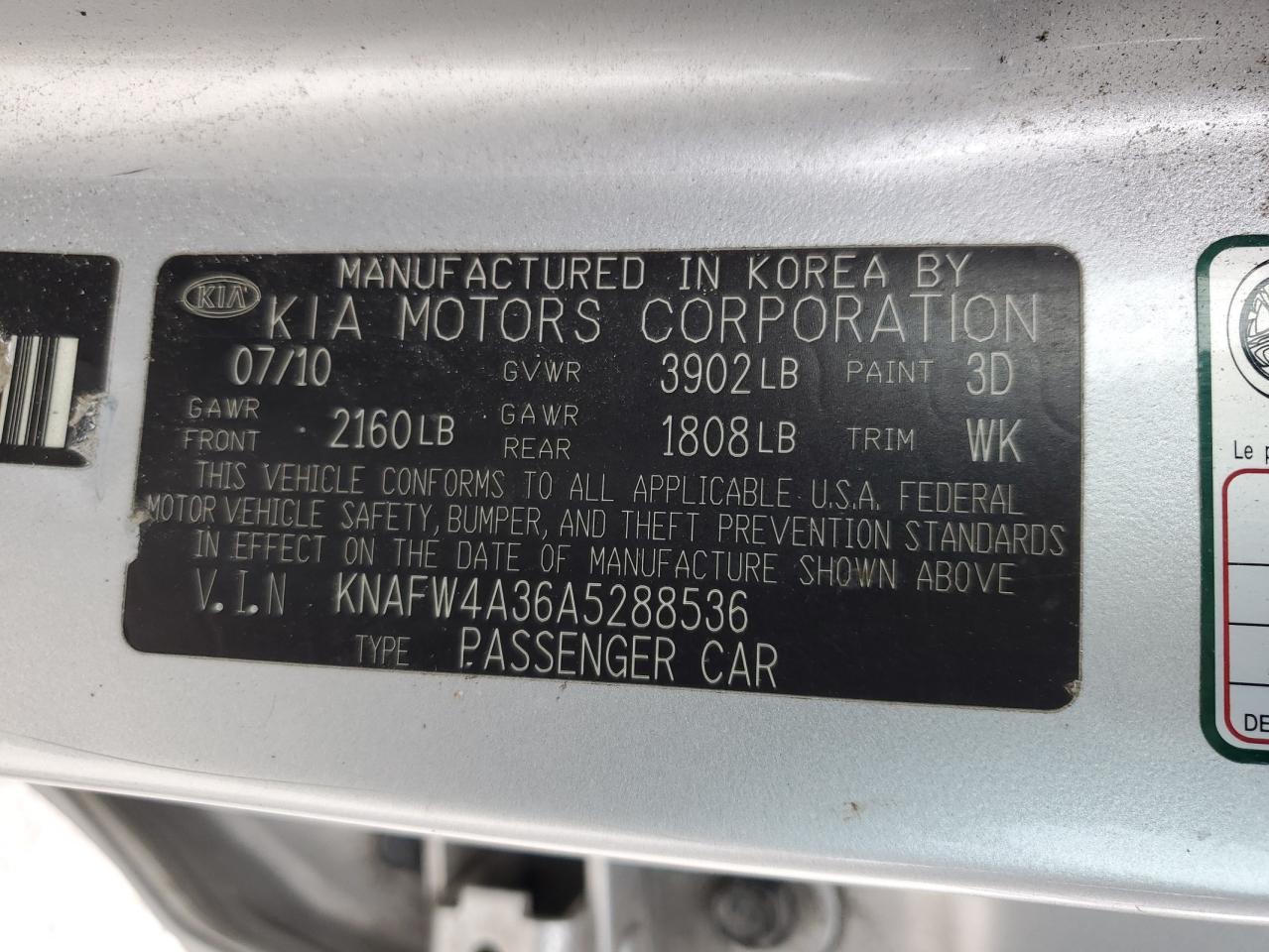 2010 KIA Forte VIN KNAFW4A36A5288536 Copart auction photo, mechanical / minor dent/scratches damage thumbnail 12