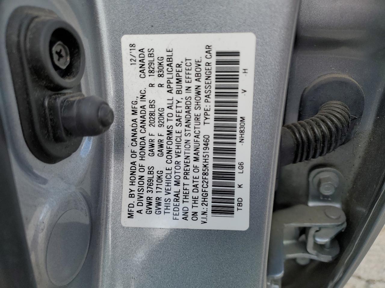 2019 Honda Civic VIN 2HGFC2F85KH519460 Copart auction photo, rollover damage thumbnail 14