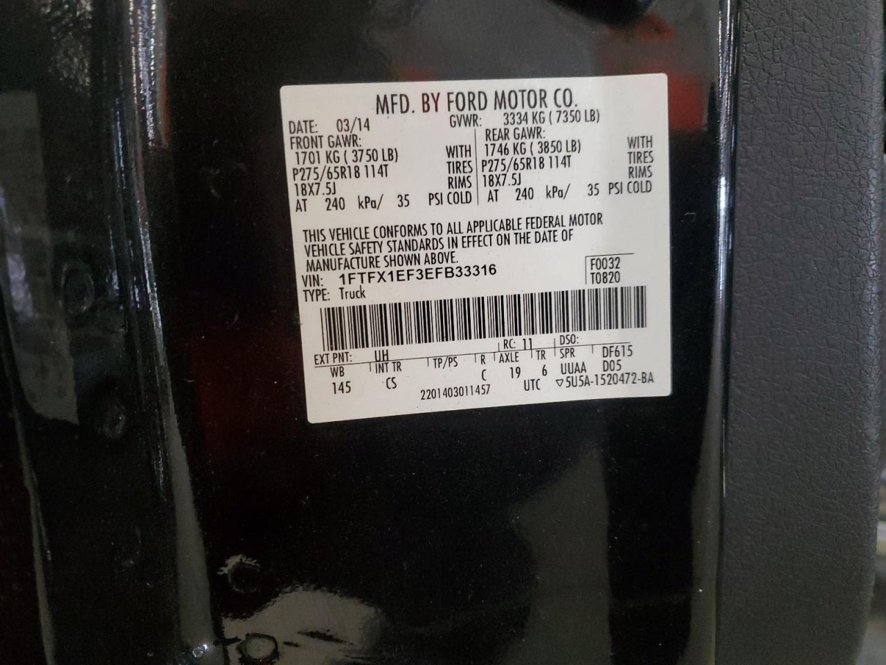 2014 Ford F-150 VIN 1FTFX1EF3EFB33316 Copart auction photo, front end / side damage thumbnail 13