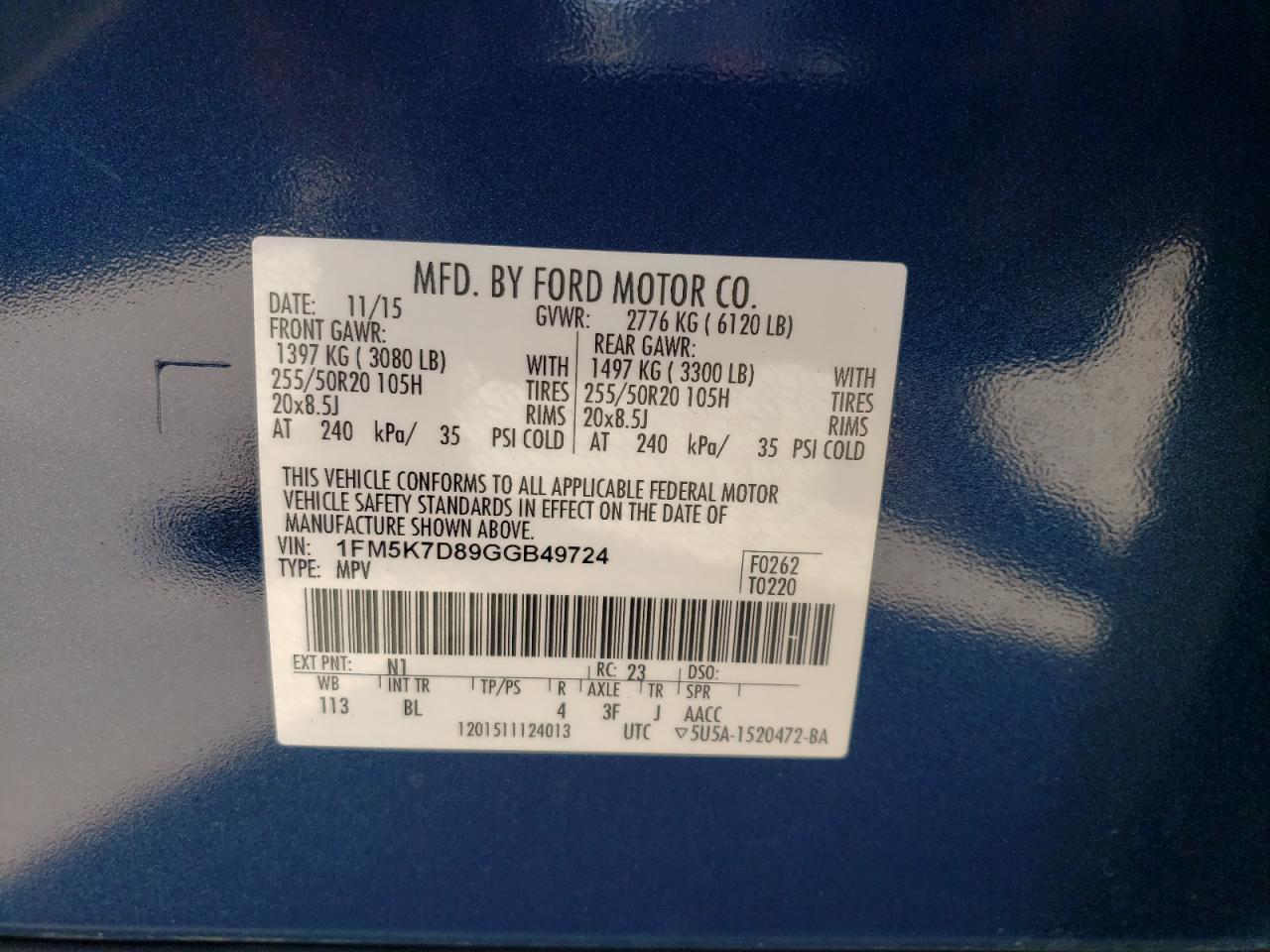 2016 Ford Explorer VIN 1FM5K7D89GGB49724 Copart auction photo, rear end damage thumbnail 13