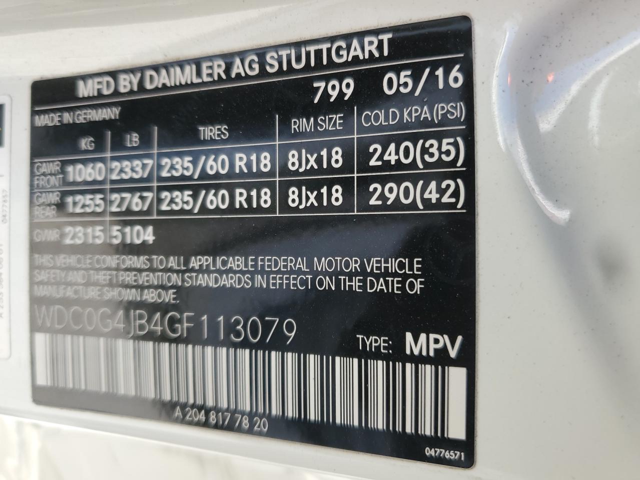 2016 Mercedes-Benz GLC VIN WDC0G4JB4GF113079 Copart auction photo, all over damage thumbnail 15