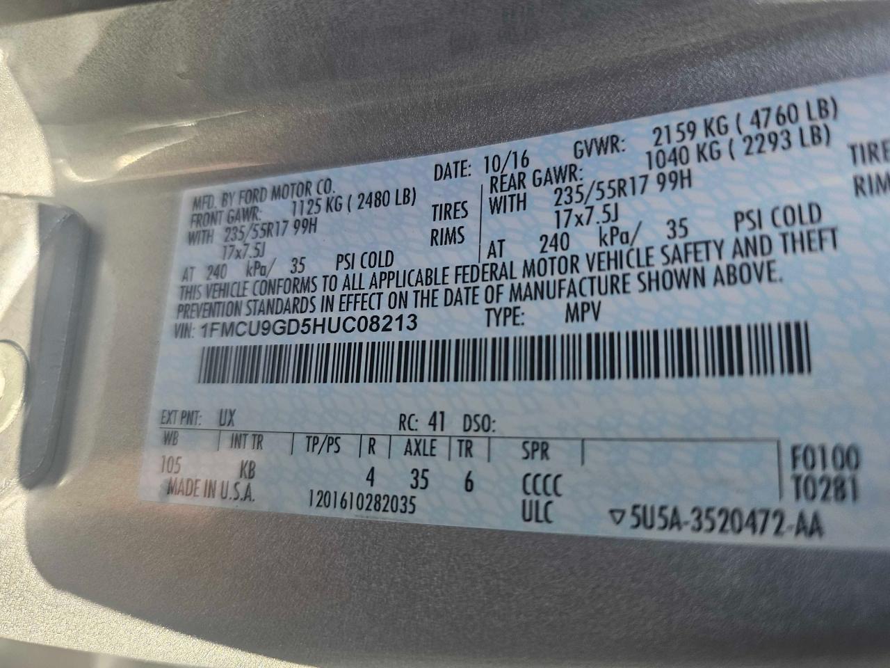 2017 Ford Escape VIN 1FMCU9GD5HUC08213 Copart auction photo, normal wear / minor dent/scratches damage thumbnail 10
