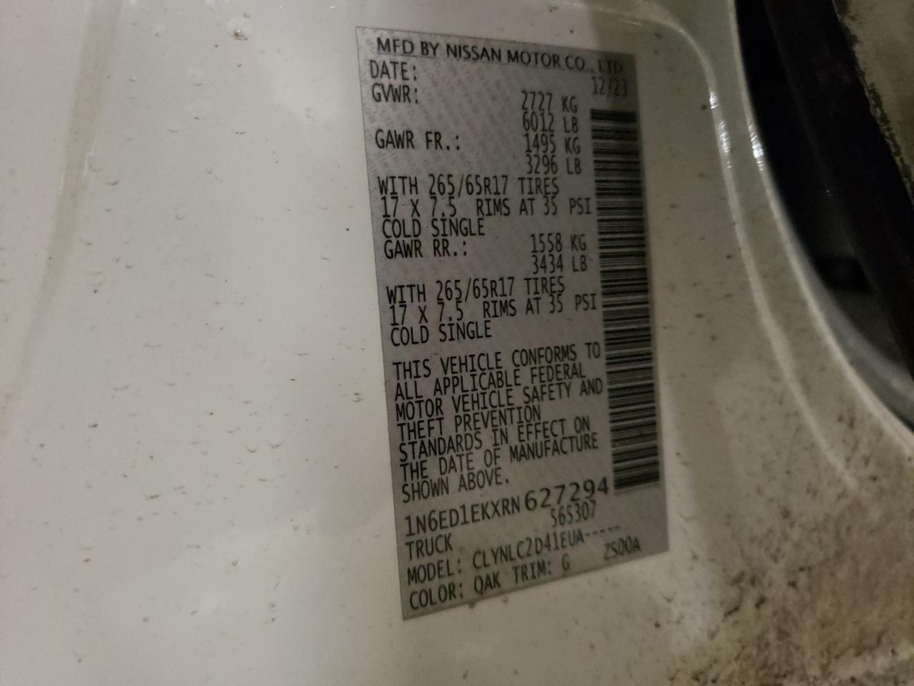 2024 Nissan Navara (Frontier) VIN 1N6ED1EKXRN627294 Copart auction photo, front end / side damage thumbnail 12