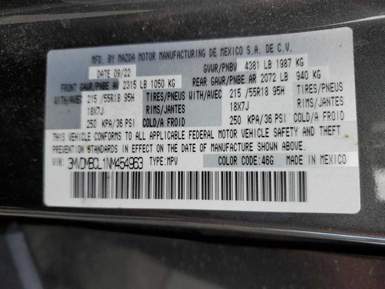2022 Mazda CX-30 VIN 3MVDMBCL1NM454963 Copart auction photo, front end damage thumbnail 15