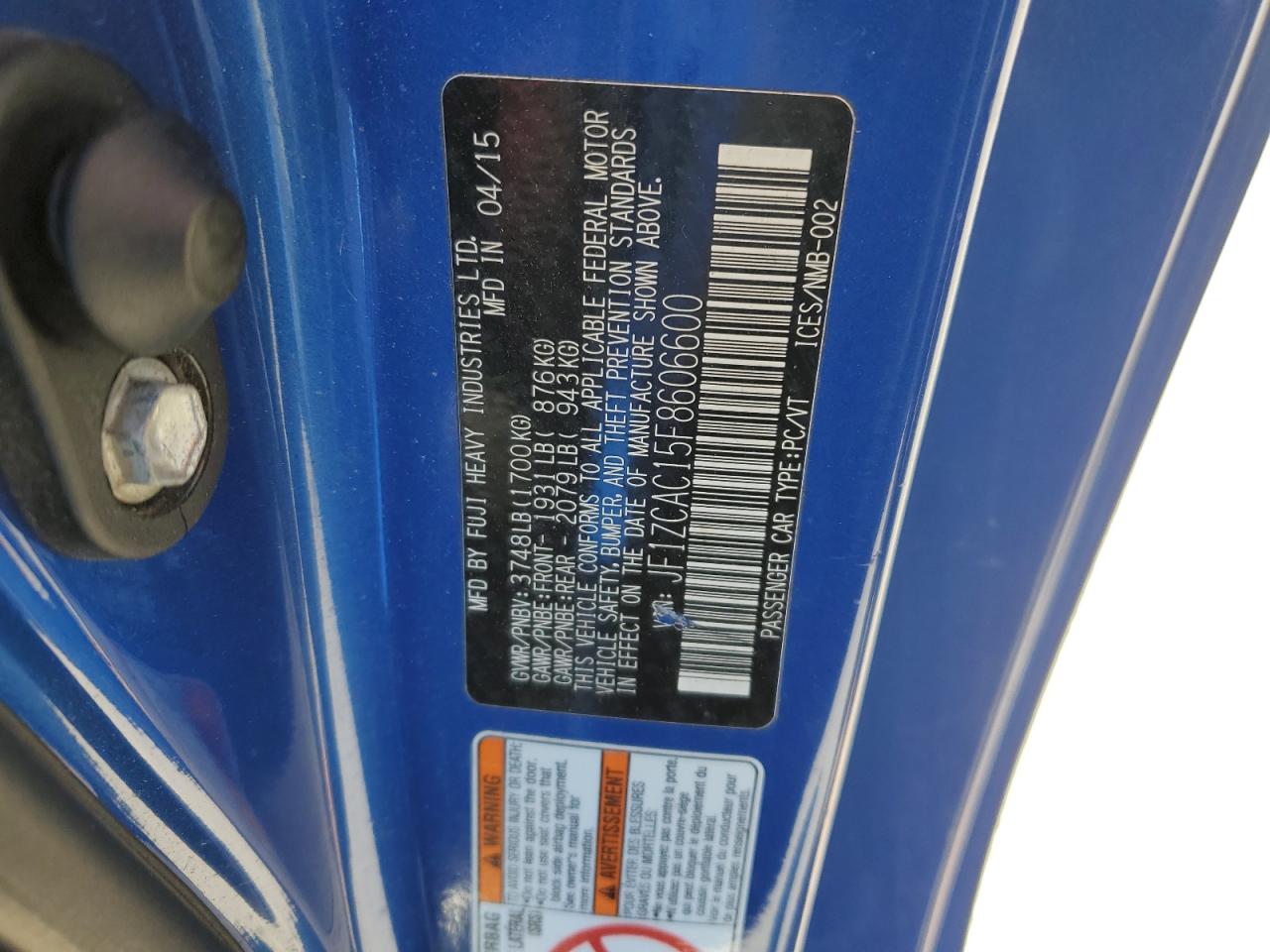 2015 Subaru BRZ VIN JF1ZCAC15F8606600 Copart auction photo, front end damage thumbnail 13