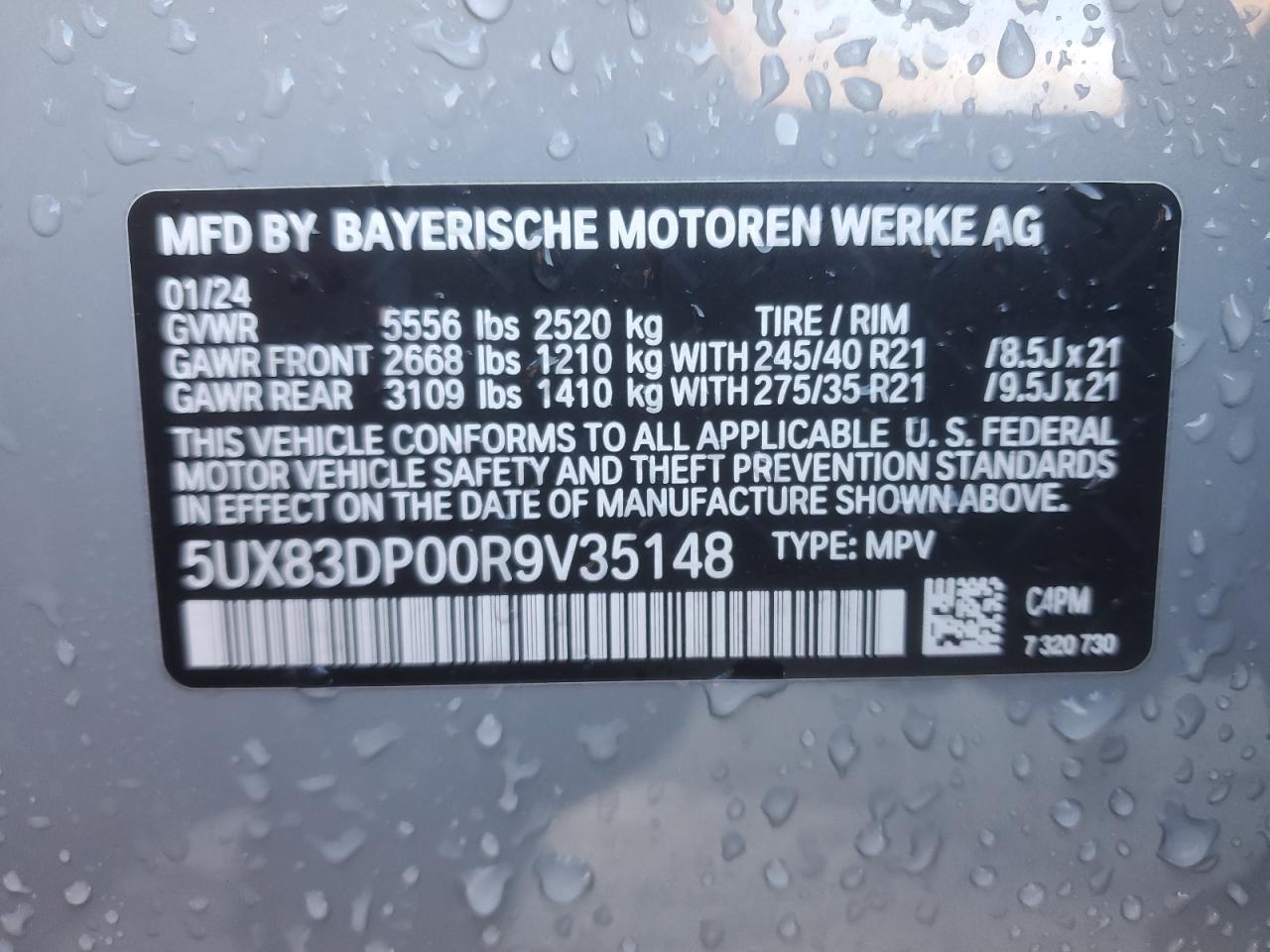2024 BMW X3 M VIN 5UX83DP00R9V35148 Copart auction photo, hail / top/roof damage thumbnail 13