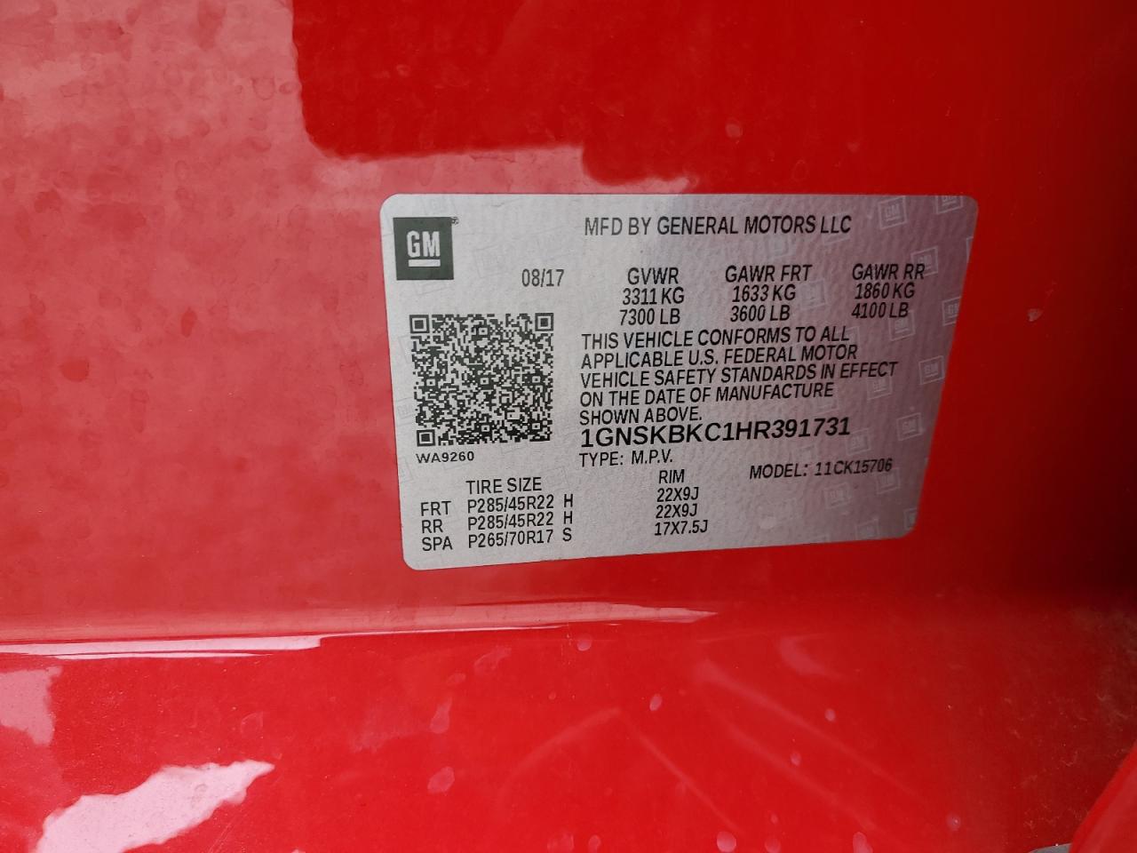 2017 Chevrolet Tahoe VIN 1GNSKBKC1HR391731 Copart auction photo, front end damage thumbnail 12