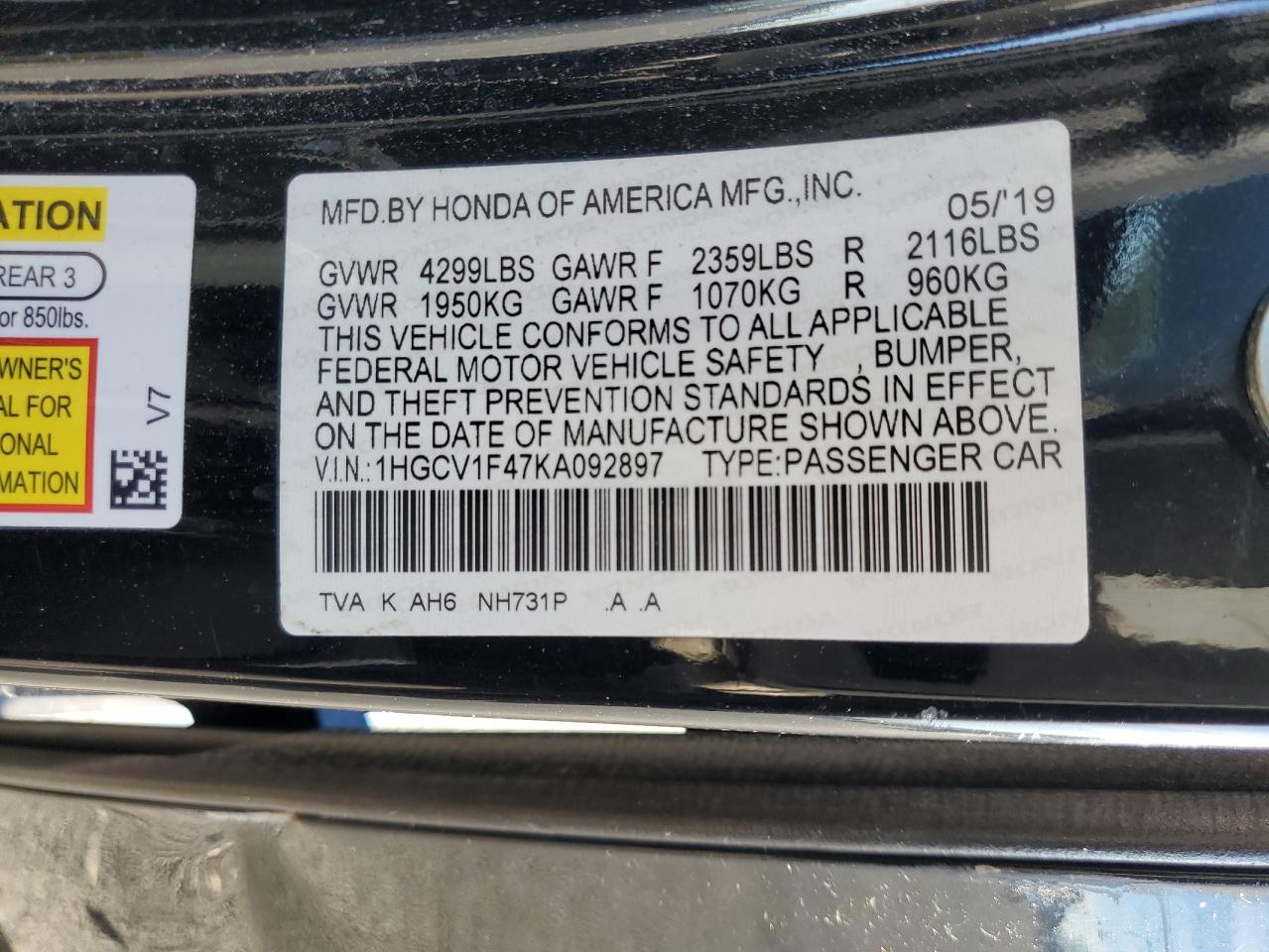 2019 Honda Accord VIN 1HGCV1F47KA092897 Copart auction photo, side / front end damage thumbnail 14