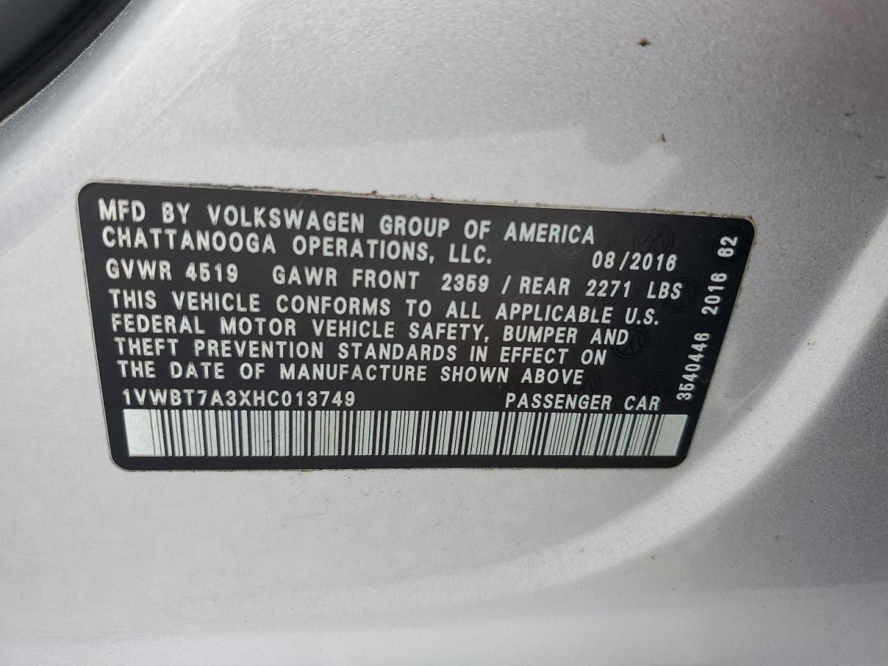 2017 Volkswagen Passat VIN 1VWBT7A3XHC013749 Copart auction photo, front end damage thumbnail 13