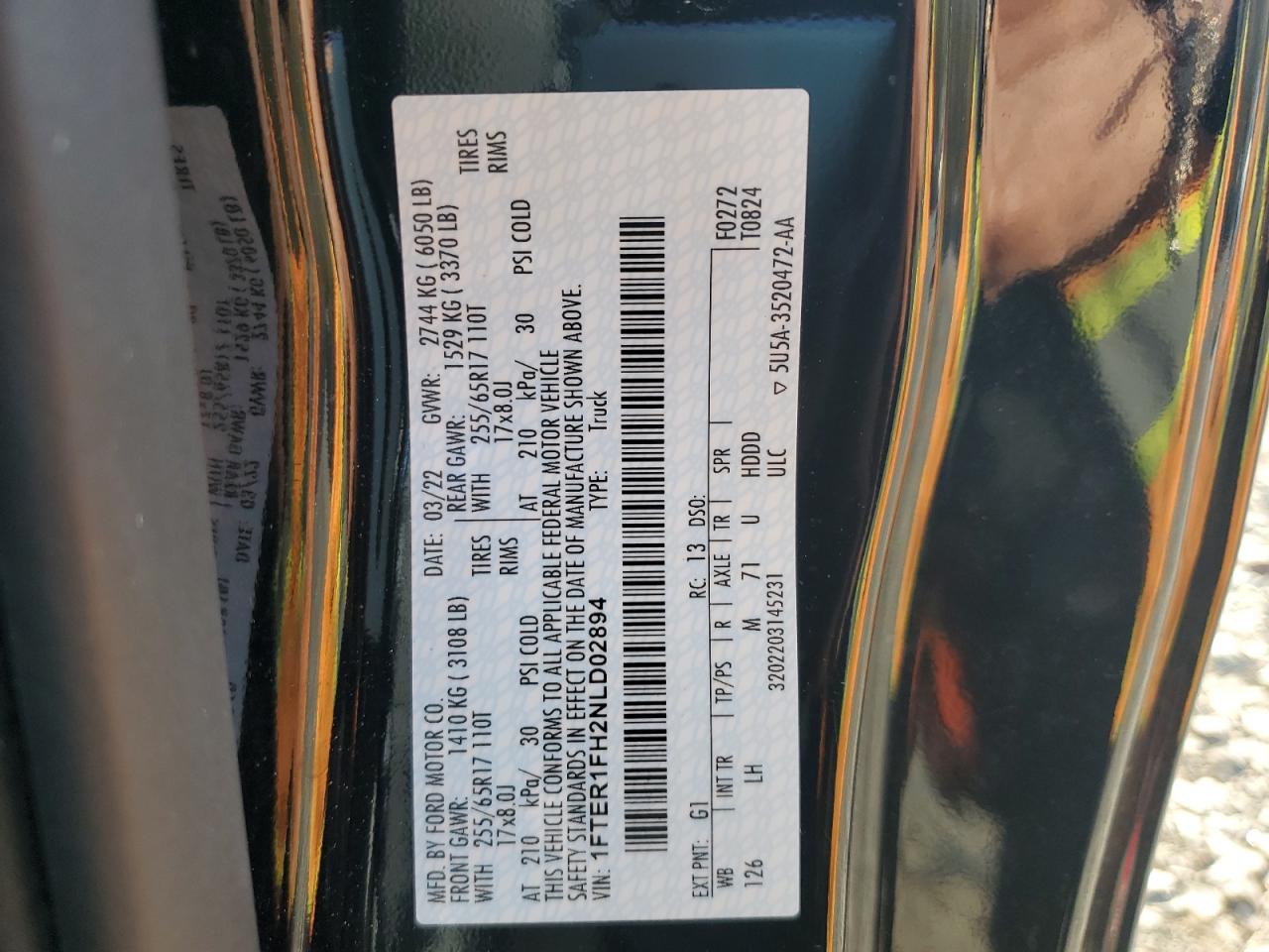 2022 Ford Ranger VIN 1FTER1FH2NLD02894 Copart auction photo, front end damage thumbnail 14