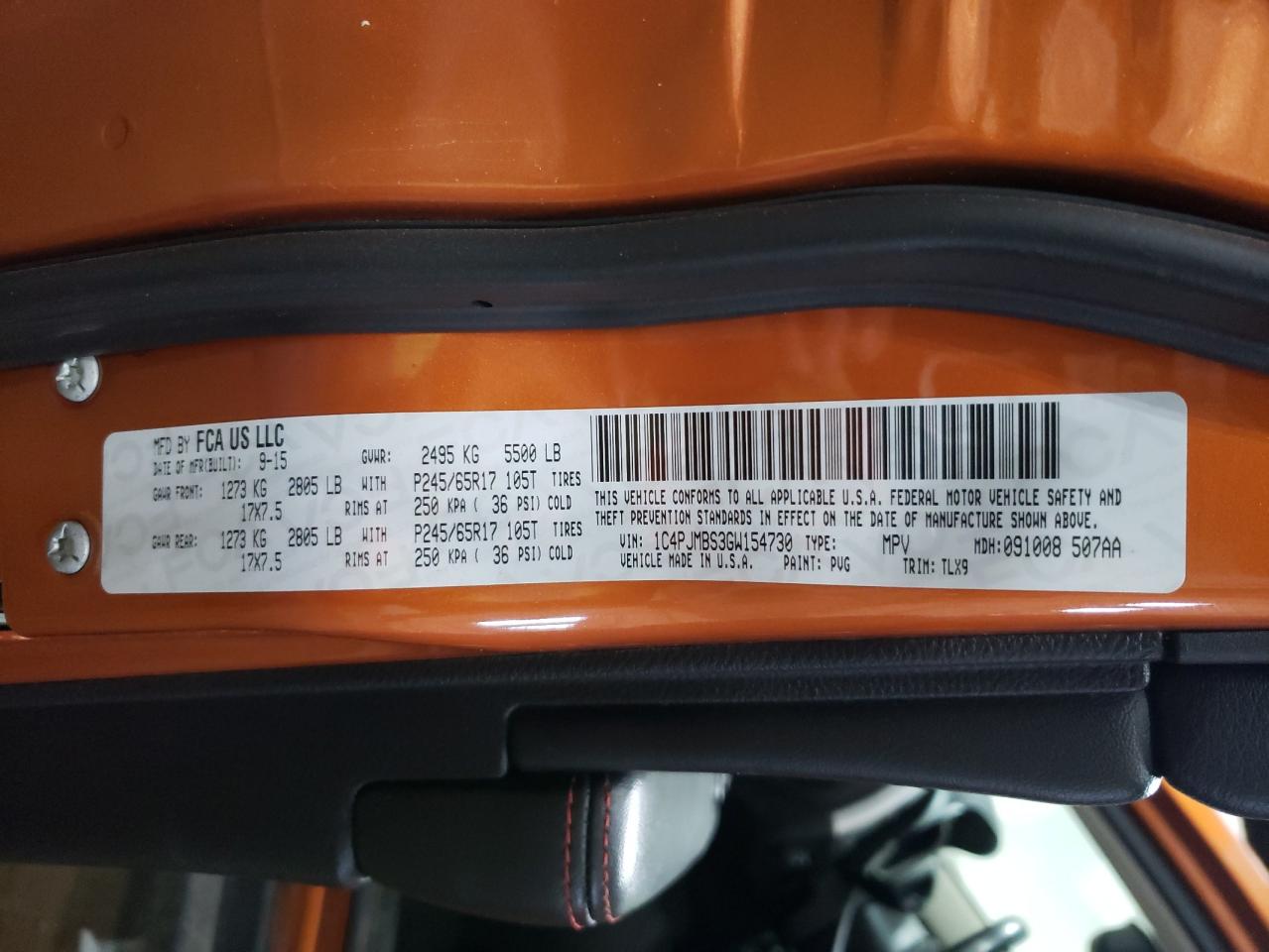 2016 Jeep Cherokee VIN 1C4PJMBS3GW154730 Copart auction photo, front end / side damage thumbnail 15