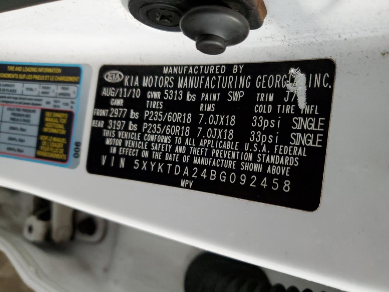 2011 KIA Sorento VIN 5XYKTDA24BG092458 Copart auction photo, undercarriage damage thumbnail 14