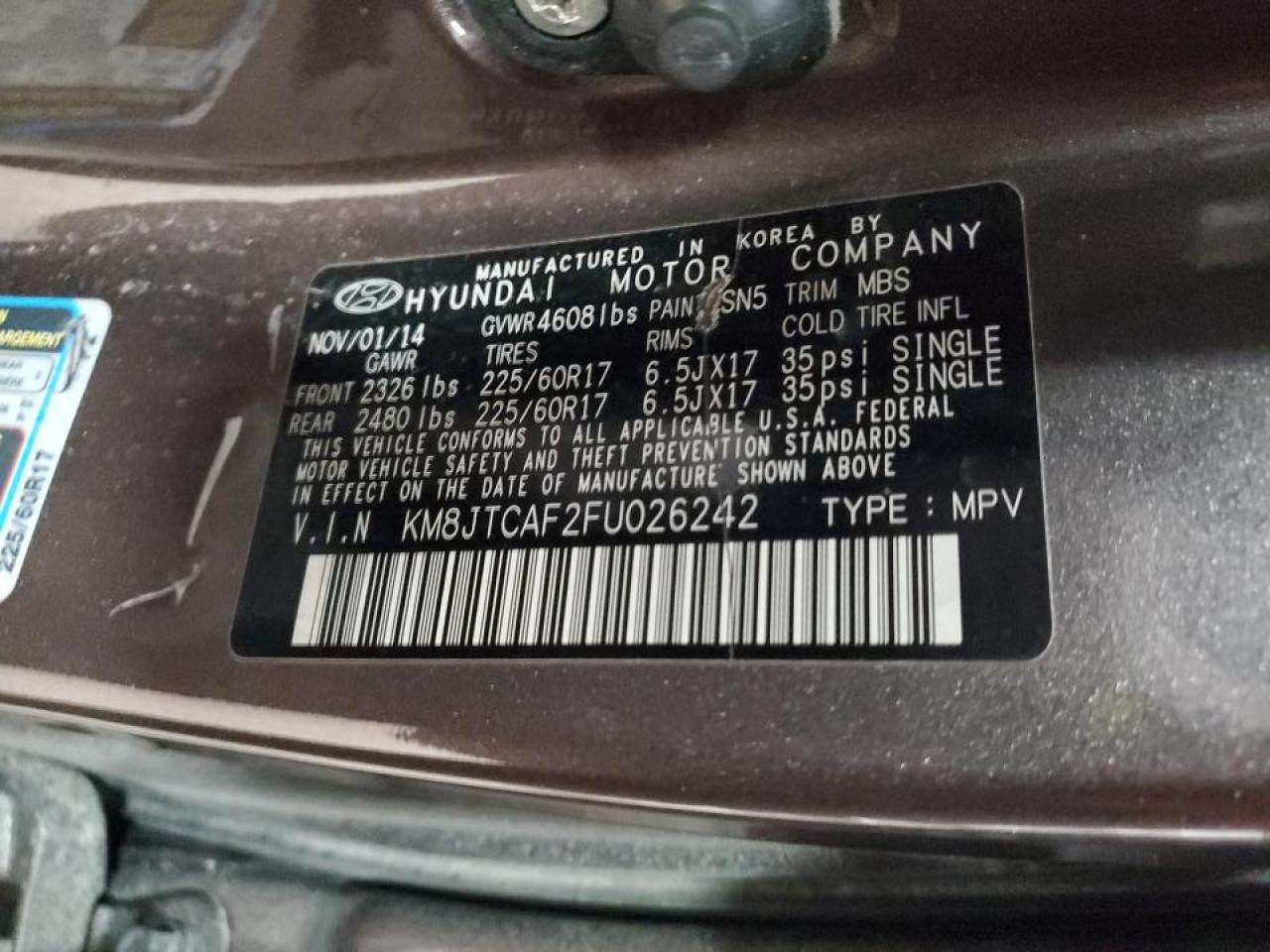 2015 Hyundai Tucson VIN KM8JTCAF2FU026242 Copart auction photo, front end damage thumbnail 13