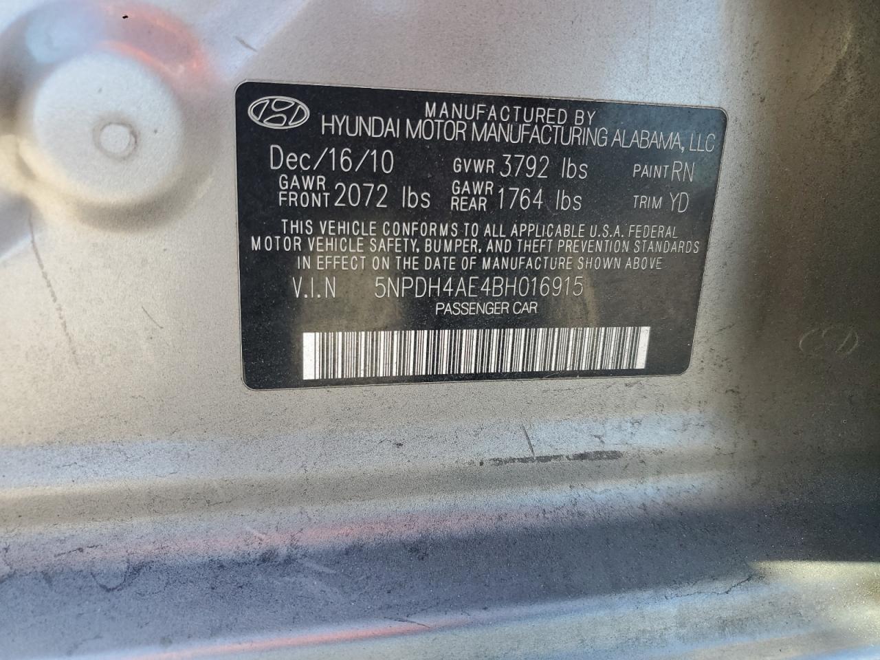 2011 Hyundai Elantra VIN 5NPDH4AE4BH016915 Copart auction photo, front end damage thumbnail 14